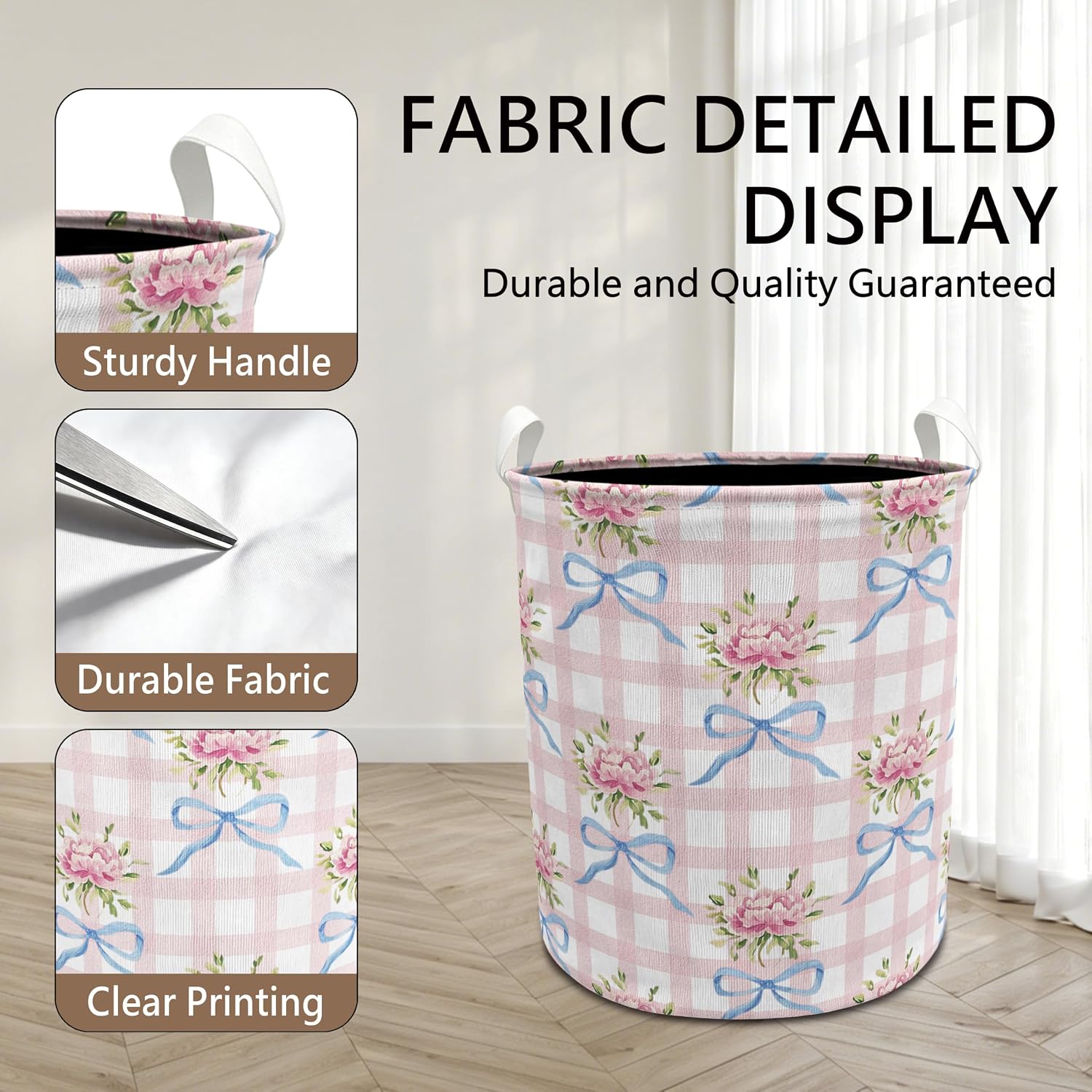 Coquette Bow Floral Checkered Laundry Basket with Handles, Pink and White Gingham Plaid Collapsible Waterproof Laundry Hamper Clothes Storage Basket for Bedroom Bathroom Home