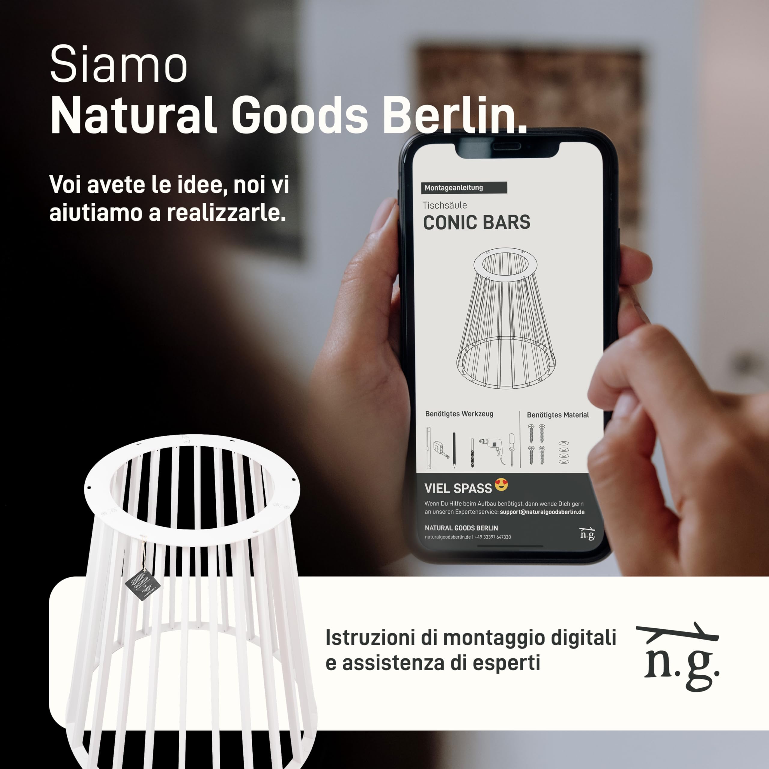 Natural Goods Berlin Colonna da tavolo Conic Bars gambe da tavolo Bianco Metallo - 720mm x 700mm - Telaio tavolo tavolo da pranzo rotondo - Gambe da tavolo per piano ovale in vetro - Piedini in