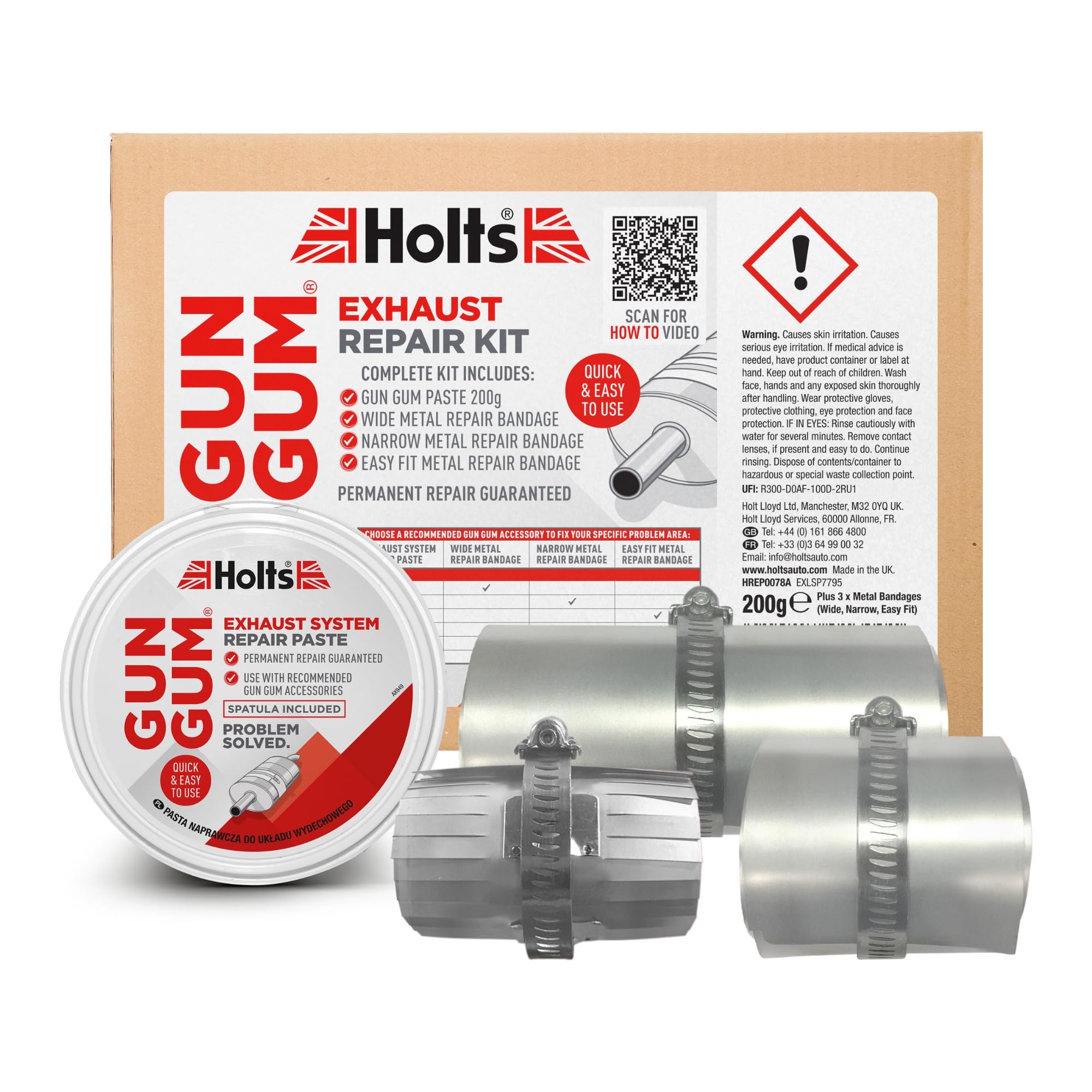 Holts Gun Gum Exhaust Repair Kit Permanent Gas-Tight Exhaust Fix Repair Paste + 3 Metal Bandages MOT Repair Solution