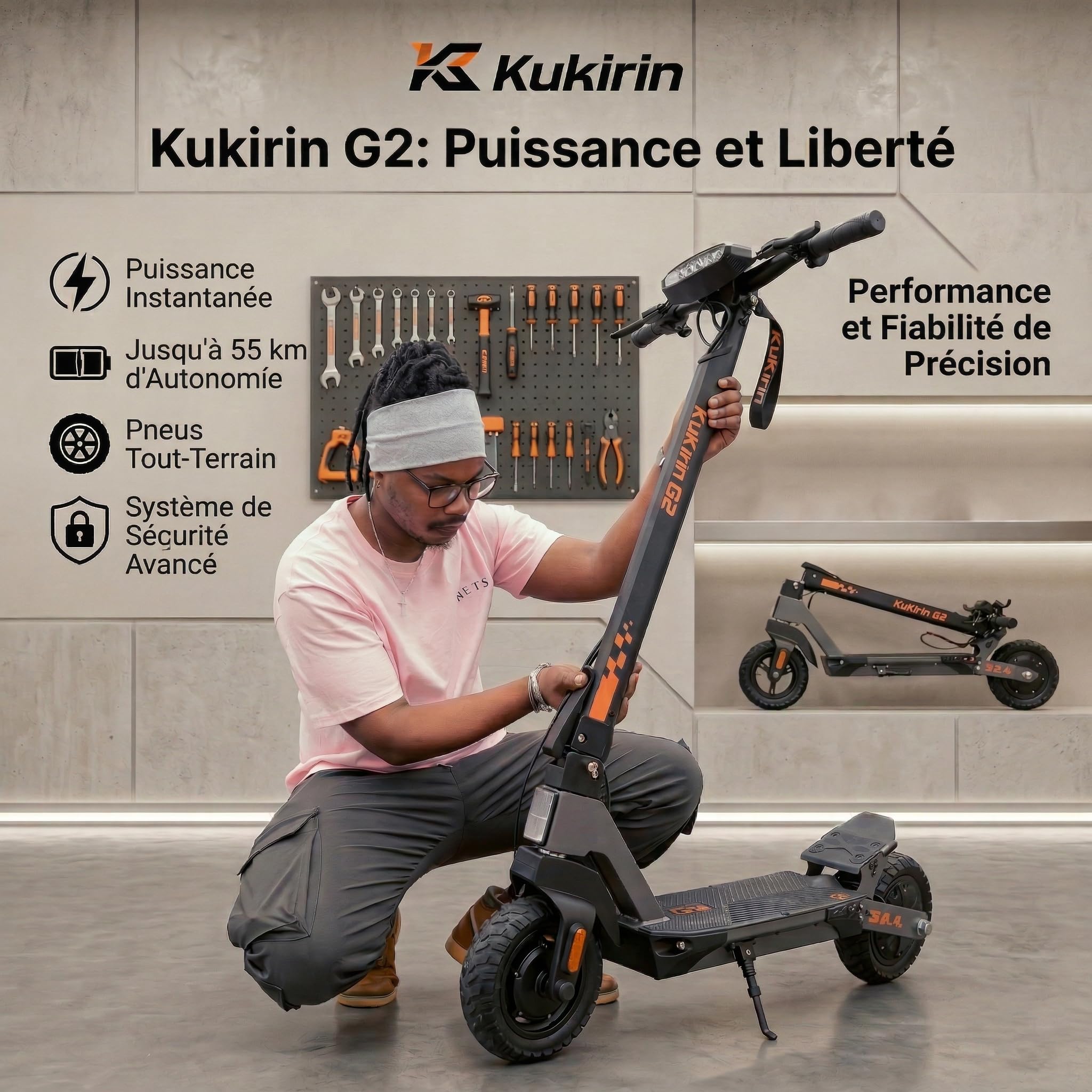 KuKirin Série G2 Trottinette Électrique Adulte Pliable, Pneus Tubeless, Suspension Avant et Arrière, Freinage à Double Disque, Autonomie Durable