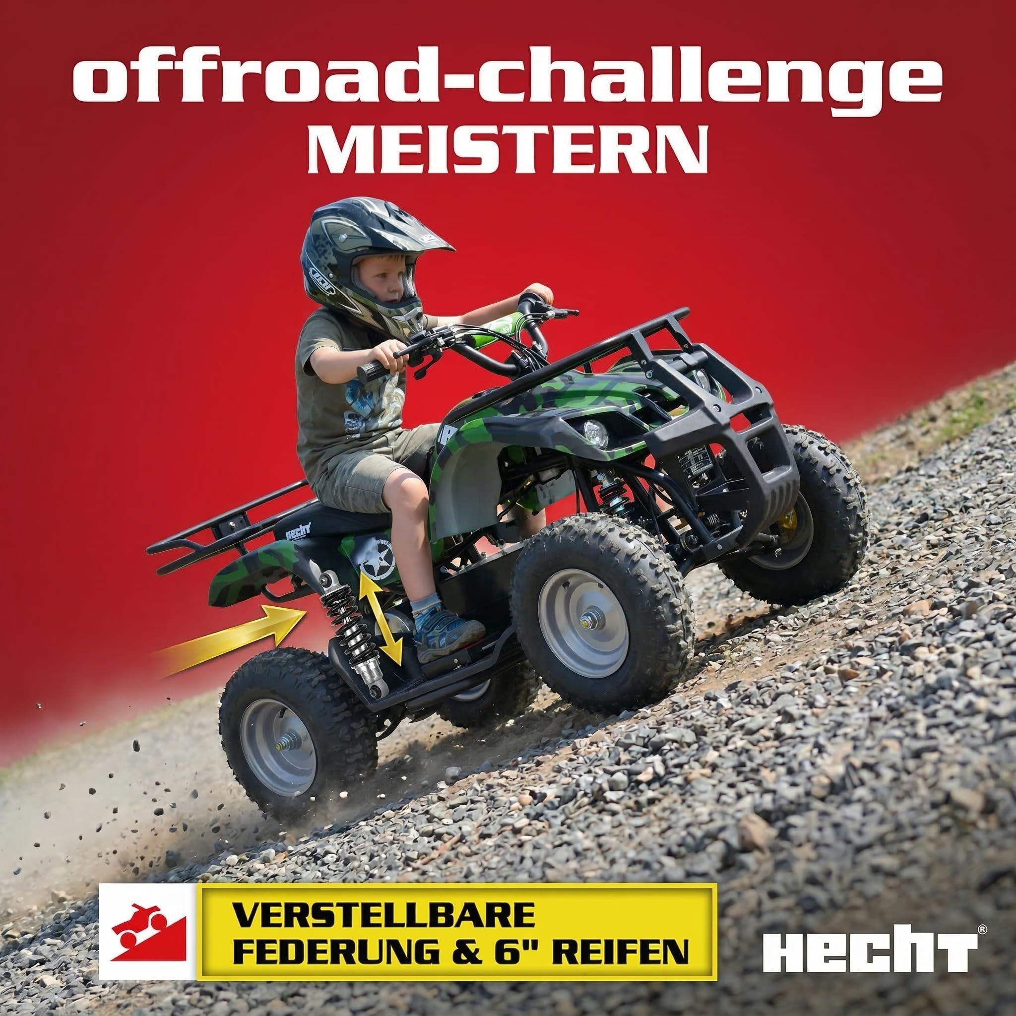 HECHT Elektro Kinderquad bis 25 km/h – Offroad Quad für Kinder mit 1000 W Motor, 36 V/12 Ah Blei-Gel-Akku, 3 Fahrstufen, Scheibenbremsen vorn/hinten & verstellbarer Federung (Army)