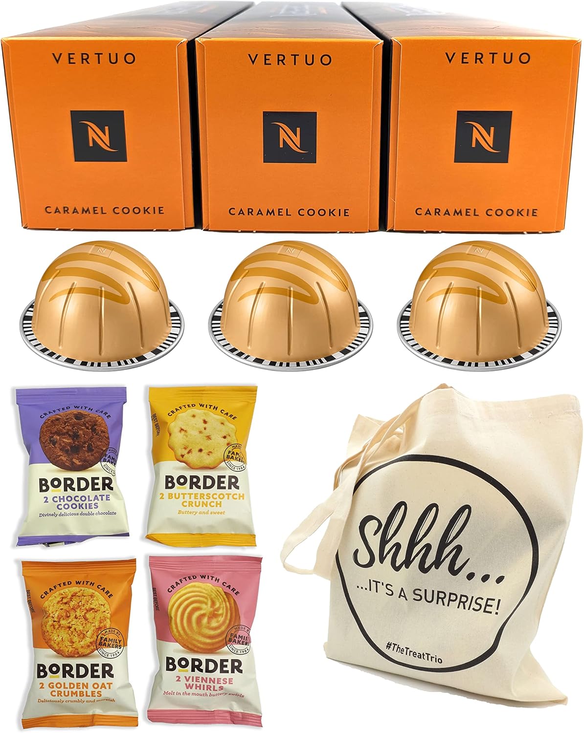 The Treat Trio Caramel Cookie Coffee Capsules Compatible with Nespresso Vertuo Barista Creations