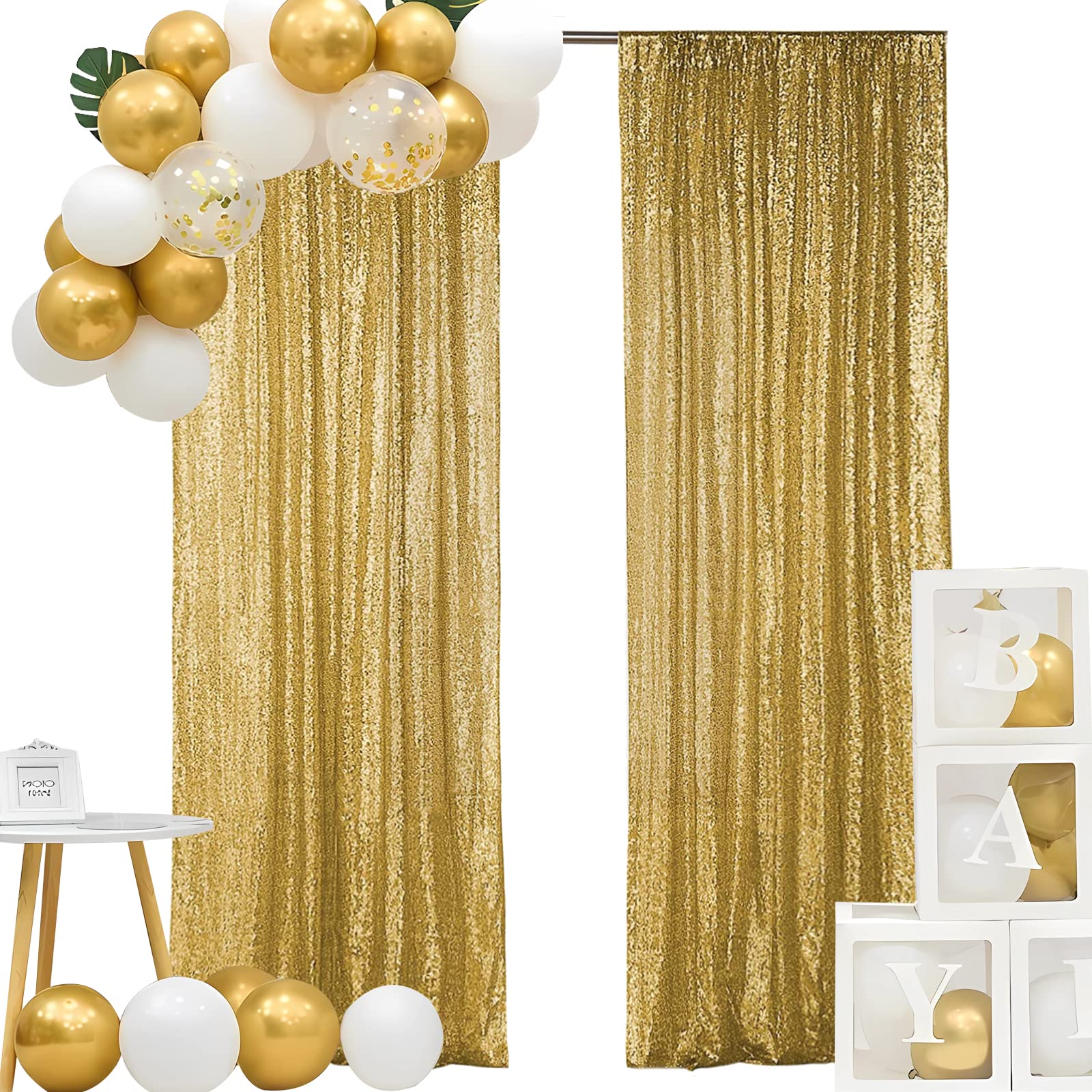 Hahuho Gold Sequin Backdrop Curtain, 4PCS 2FTx8FT Glitter Backdrop Curtain for Parties, Christmas, Wedding, Party Decoration?4 Panels, 2FT x 8FT, Gold