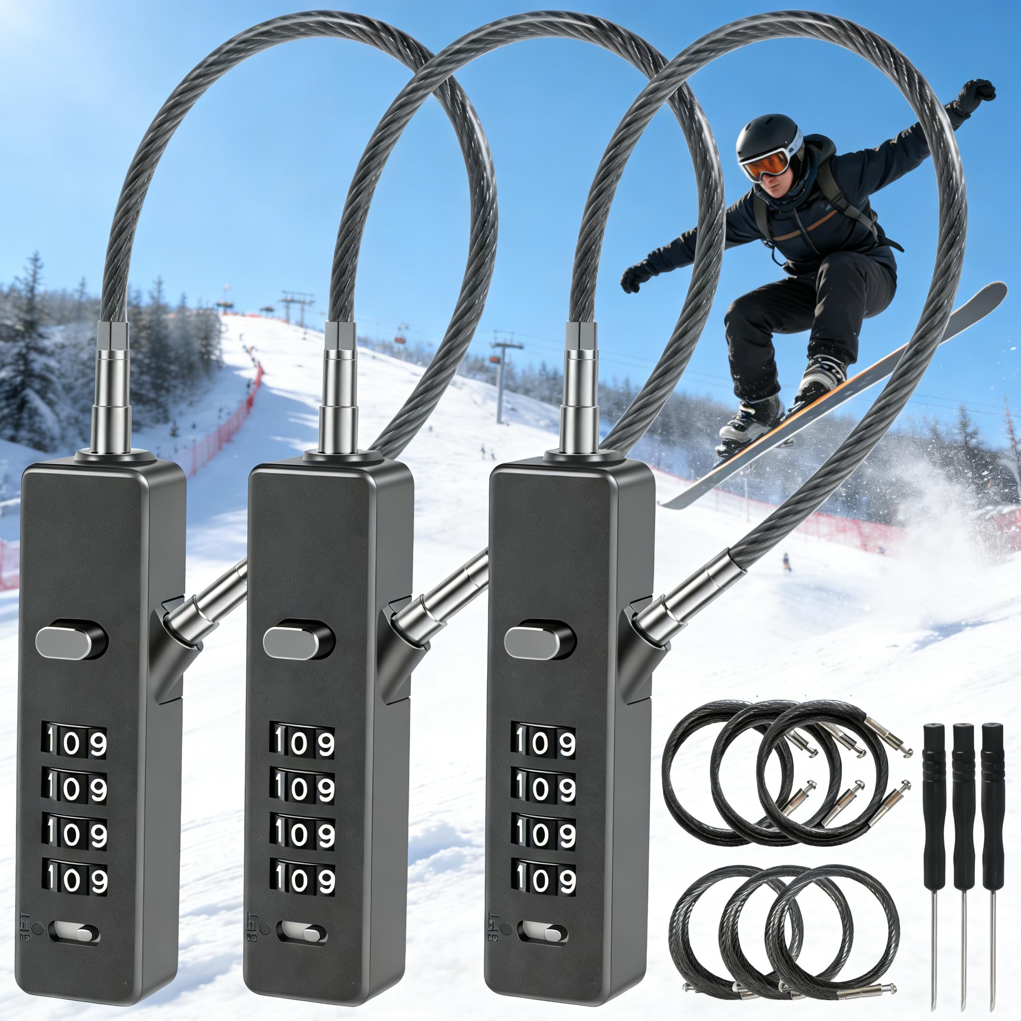 Lot de 3 cadenas à combinaison en alliage de zinc à 4 chiffres avec 3 câbles métalliques résistants aux intempéries pour bagages réinitialisables pour valise de voyage