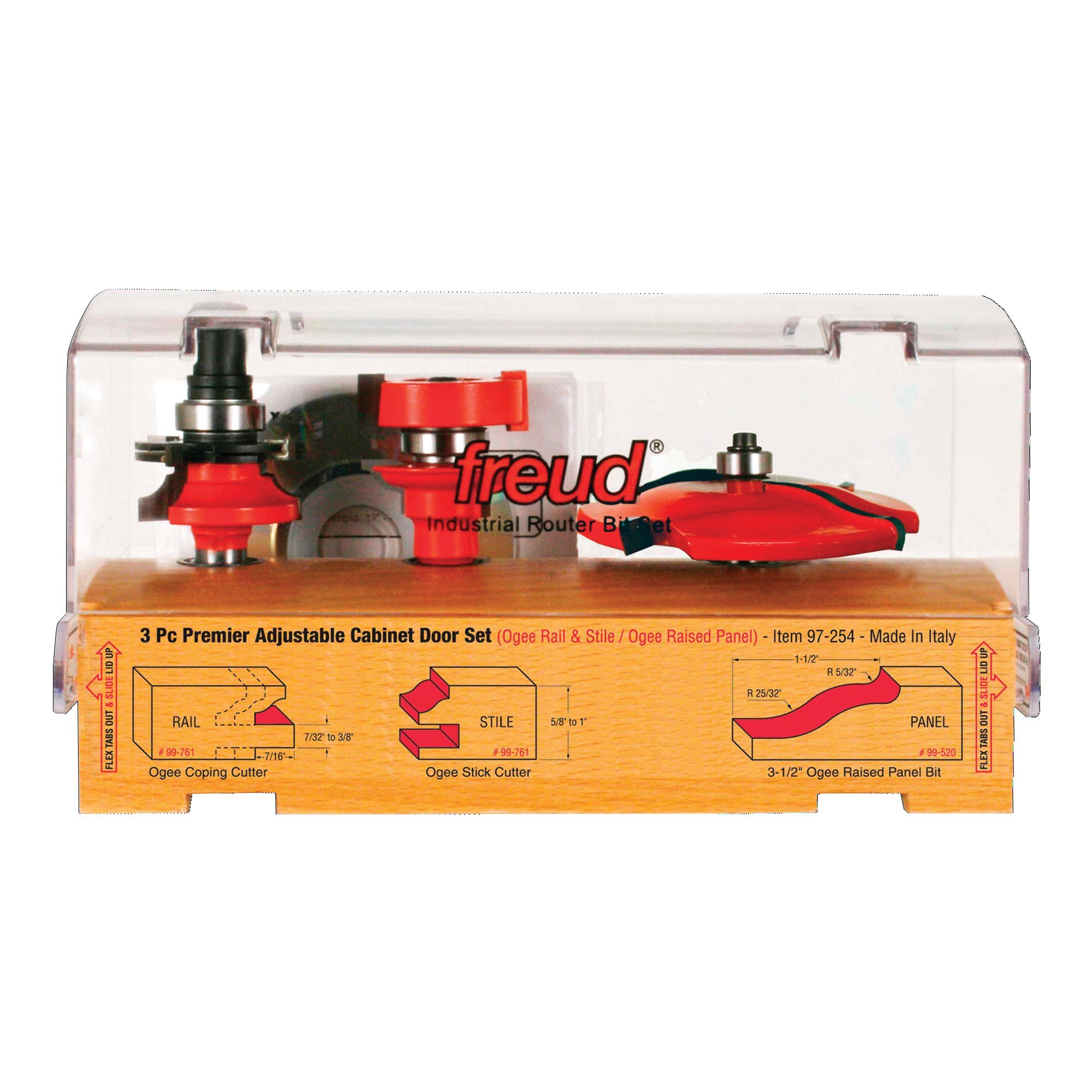 Freud 97-254: 3 Piece Premier Adjustable Cabinet Bit Set, ogee profile