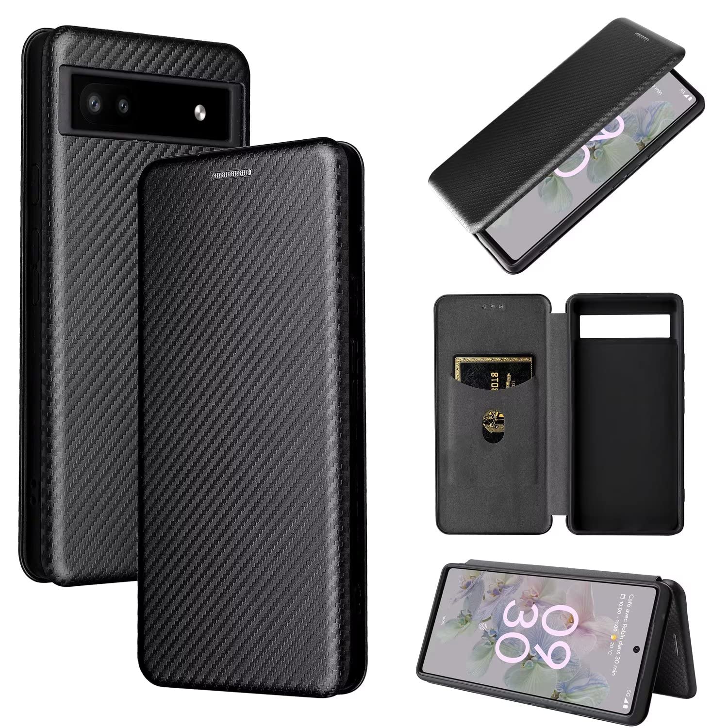 Jeelar ESONG Carbon Fibre Leather Case Compatible with Google Pixel 6a, PU Leather TPU Case with Stand/Card Slots/Magnetic Closure Wallet Flip Case Protective Cover - Black