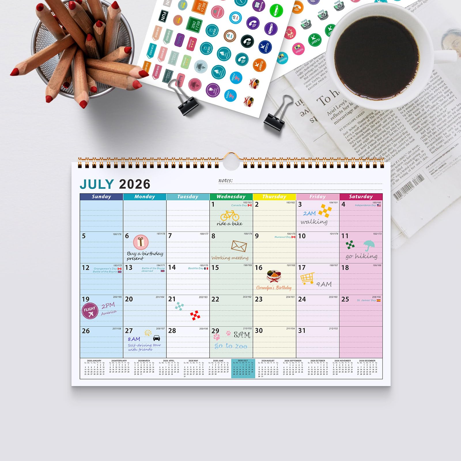Benjia Calendario de pared 18 meses, calendar de mesa Julio 2026 - Diciembre ​​2027, A4 calendari planificador mensual, agenda calendario niños escolar 2026/2027 pared (Coloridas)