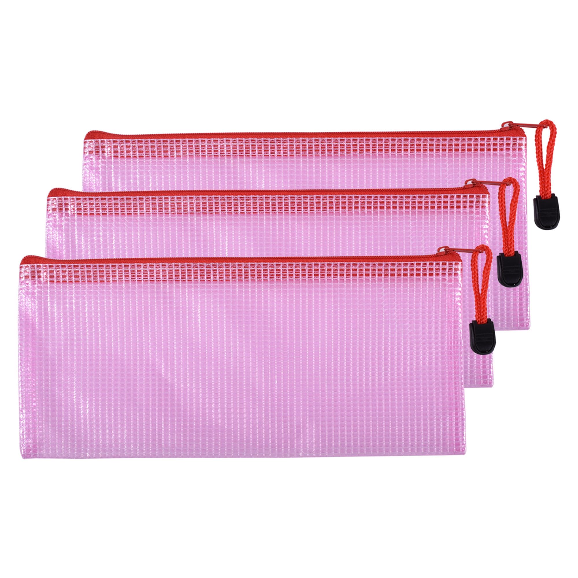 Skweawert 3 Pcs 4.13" x 9.25" Bills Sizes Mesh Zipper Pouch Bags, Mesh Bags with Zipper，Waterproof Clear document pouch for Organization Puzzles Travel, Office, Classroom Organization, Bills Red — image 1