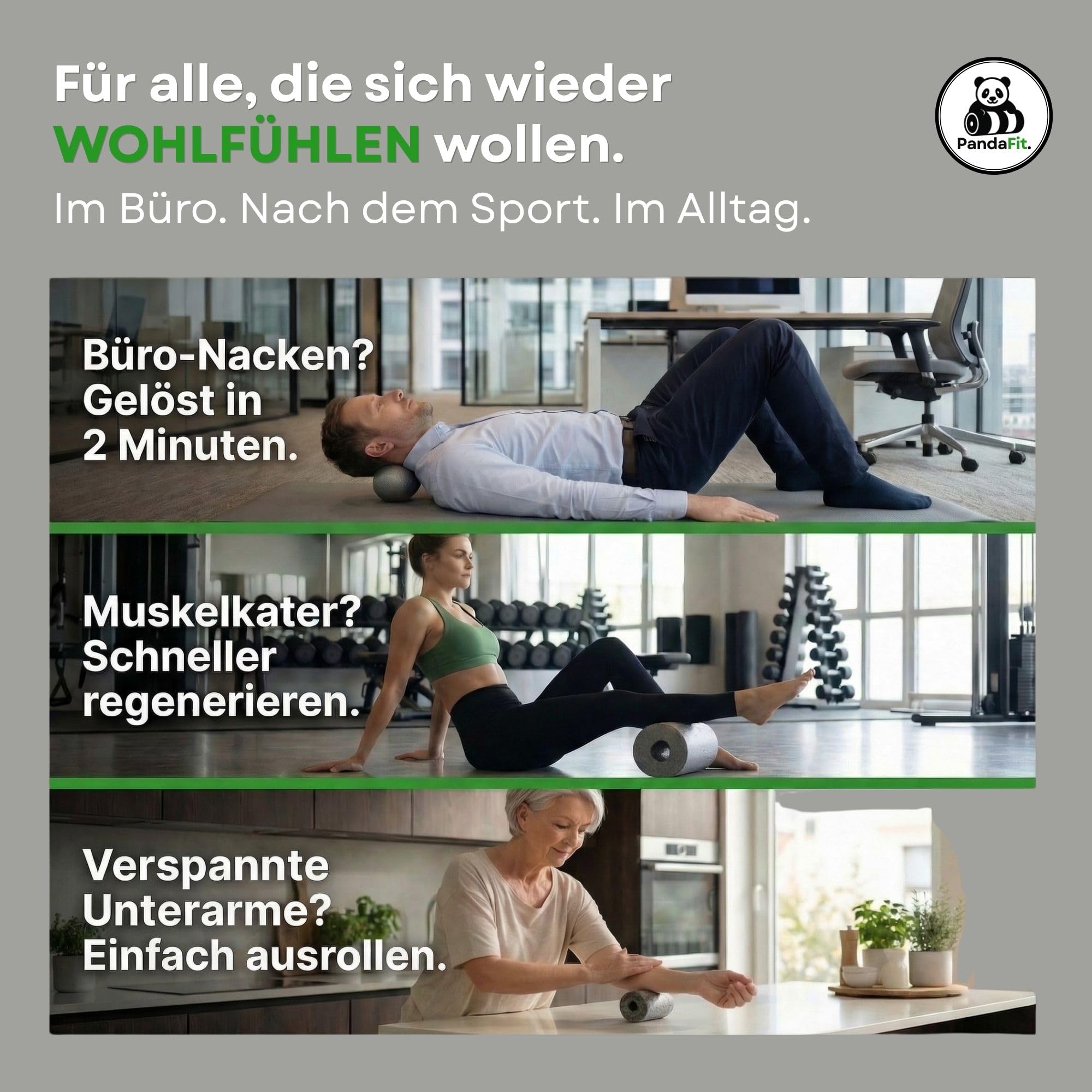 PandaFit Faszienrollen Set 5-teilig mit Turnbeutel, für Rücken und Wirbelsäule, Faszienrolle 30x15 cm, 2 x Duoball, Minirolle, Faszienball, Massage-Set zur Regeneration, EPP Hartschaum