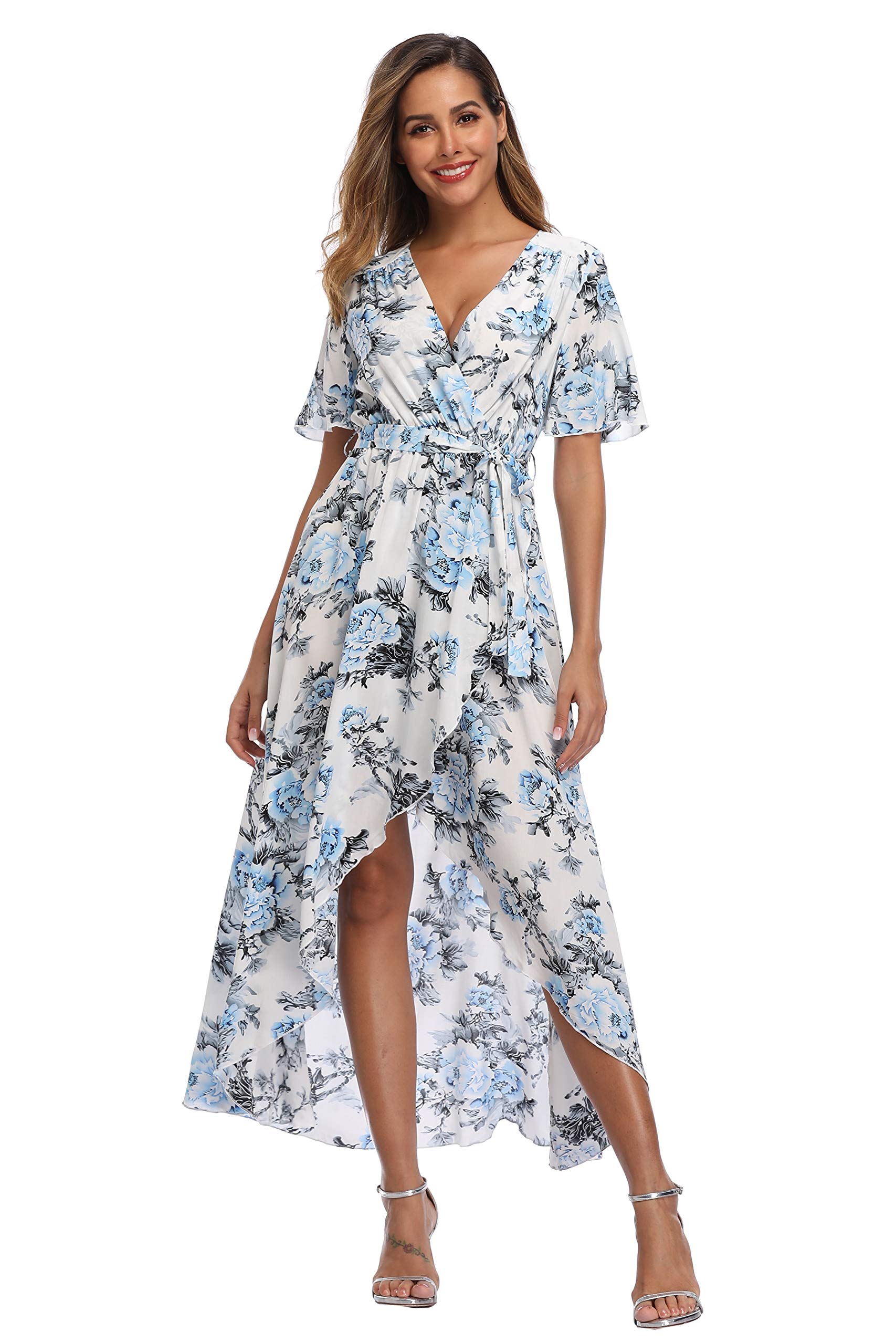 VintageClothing Women's Wrap V Neck Floral Summer Dresses High Low Casual