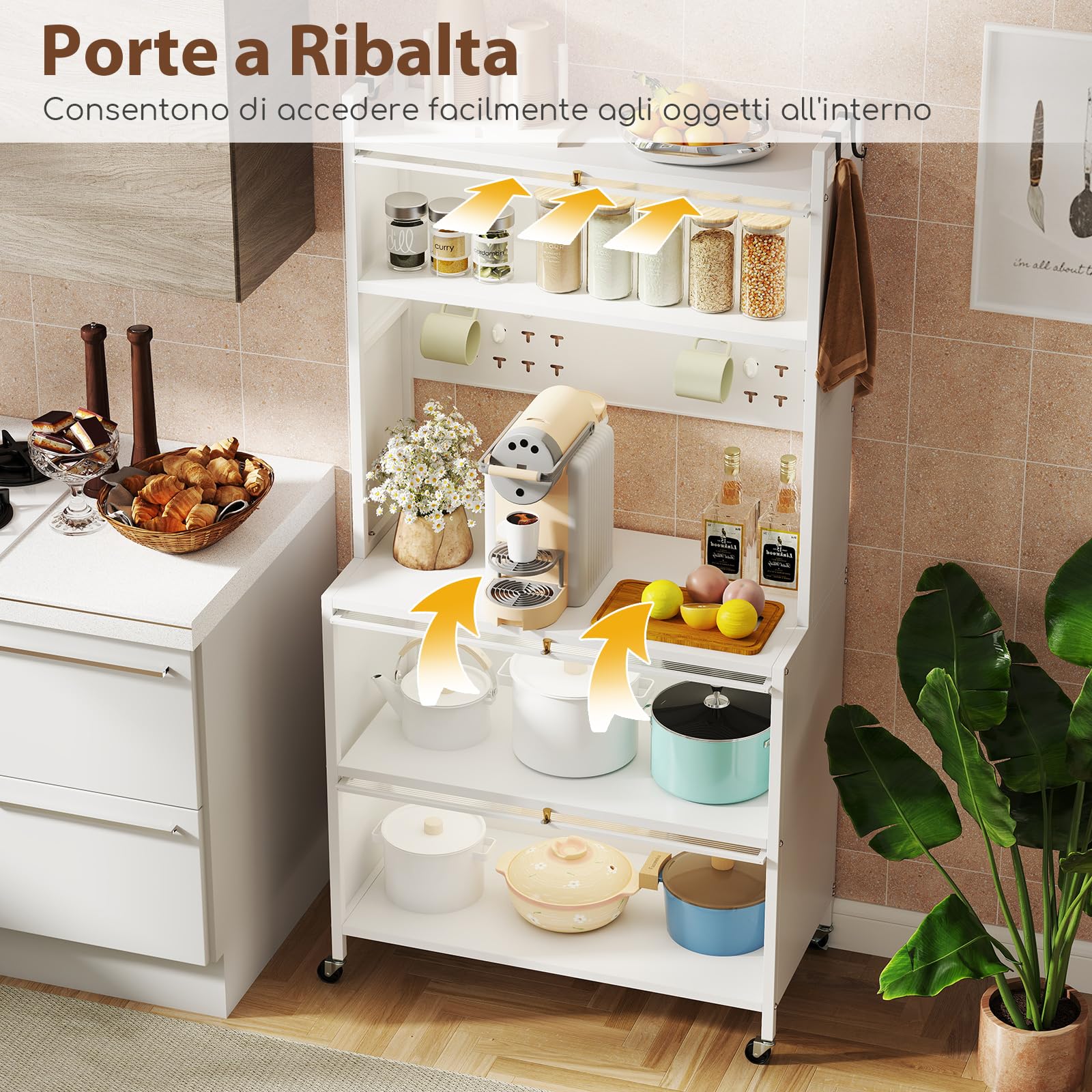 RELAX4LIFE Scaffale da Cucina con 5 Ripiani, Armadio con Ruote, Porte a Battente, Ganci Superiori e Pannello con Perforazioni, Mobile Multifunzionale per Cucina, Sala da Pranzo (Bianco)