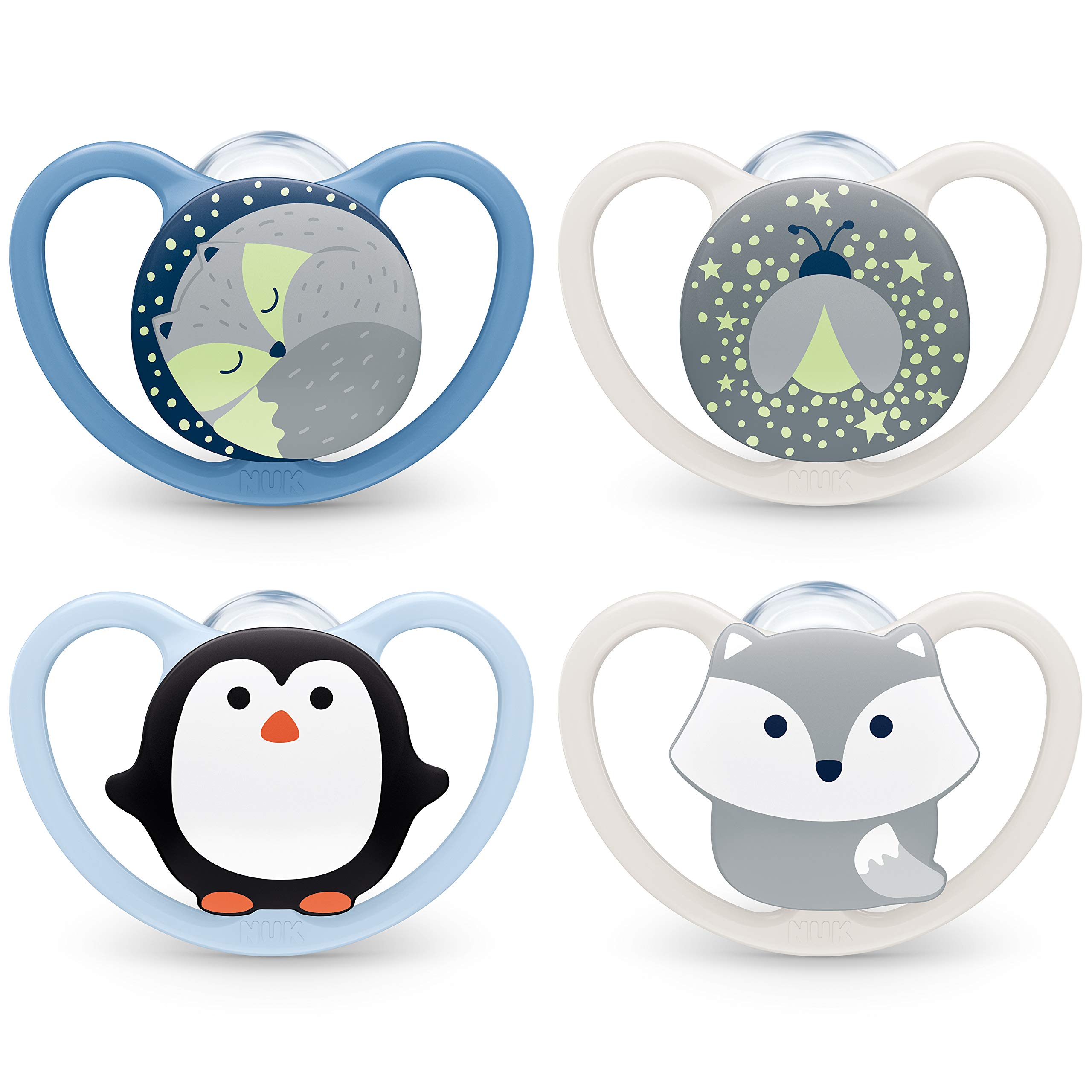 NUK Space and Space Night Soothers | 0-6 Months | Dummies with Glow Effect and Extra Ventilation | BPA Silicone | Penguin and Fox | Pack of 4
