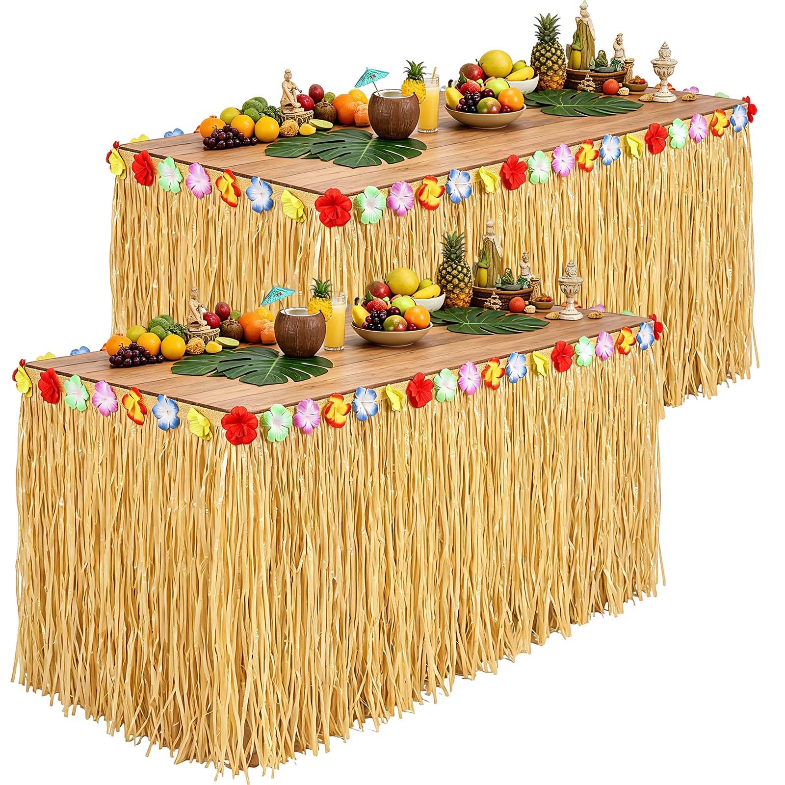 2 Pack Luau Grass Table Skirt, Luau Party Decorations, Natural 275x75cm Hawaiian Grass Table Skirt with Flowers for Hawaiian Party Summer Tropical Costume Party Birthday Beach Party Supplies
