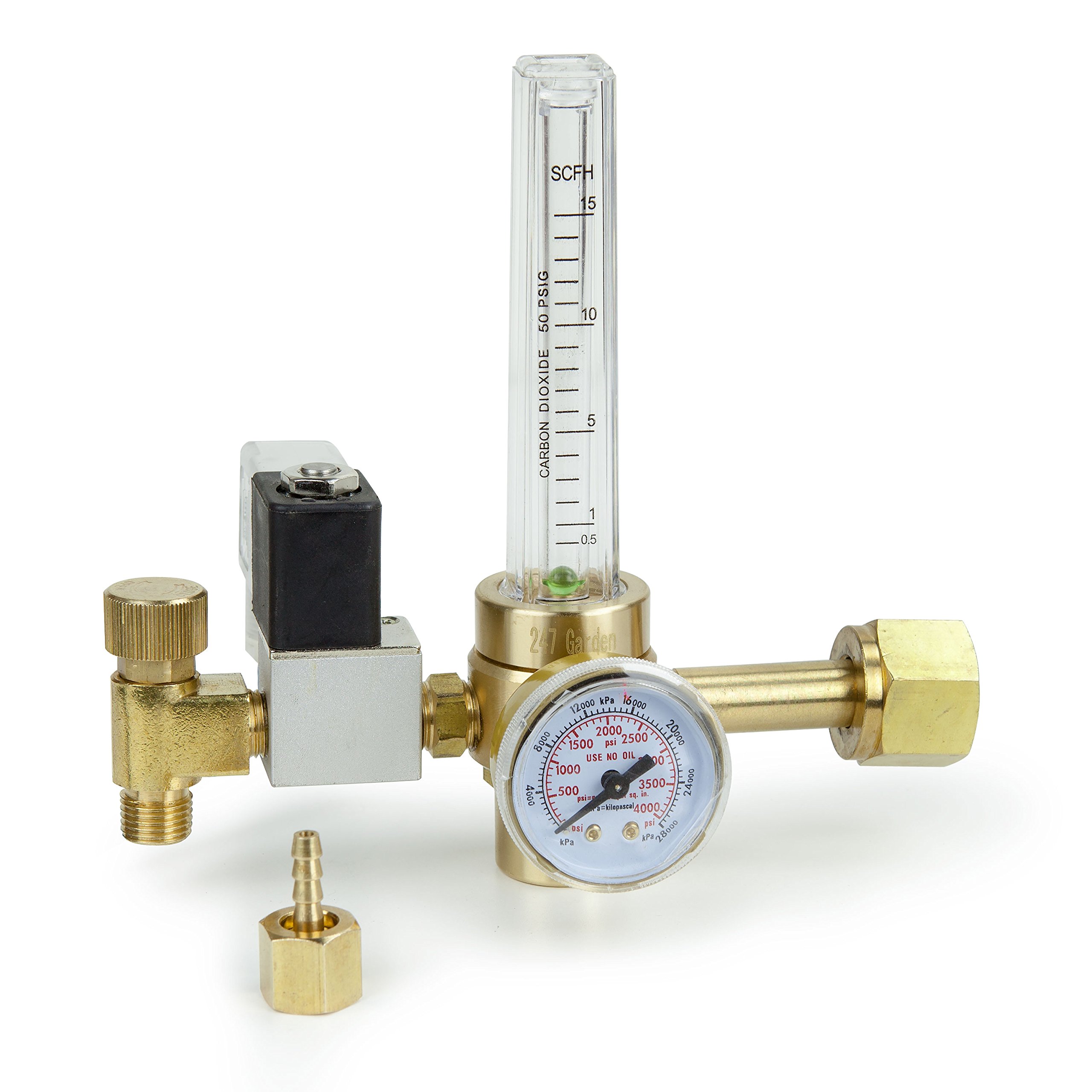 247Garden CO2 Regulator with Solenoid Valve 110V, Forged Brass Body, Nylon Washer, 4000 PSI Pressure Gauge, 0.5-15 SCFH Compatible for Indoor Gardening, Hydroponics, Beer Brewing
