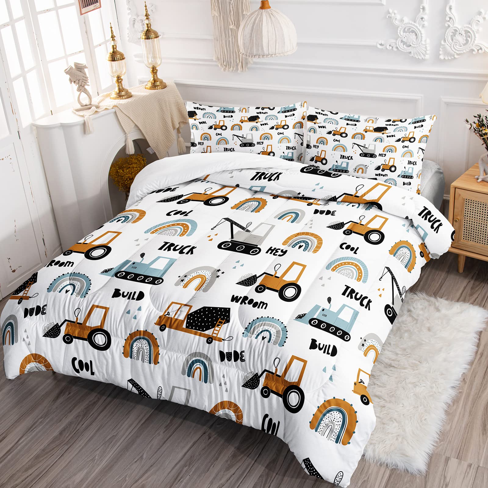BailiPromise Cartoon Car Boys Comforter Set Construction Vehicles Kids Bedding Set Twin Size 3Pcs Rainbow Excavator Tractor Comforter Duvet Quilt Toddler for All Season