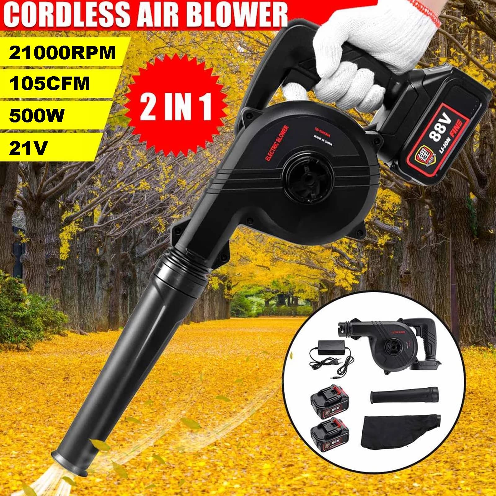 Soffiatore/Soffiatore Elettrico Per Foglie 2-In-1 Litio 21V 21000RPM Con Batteria E Caricatore Velocità Regolabili Soffiatore Elettrico Portatile Per La Pulizia Del Computer Foglie Giardino