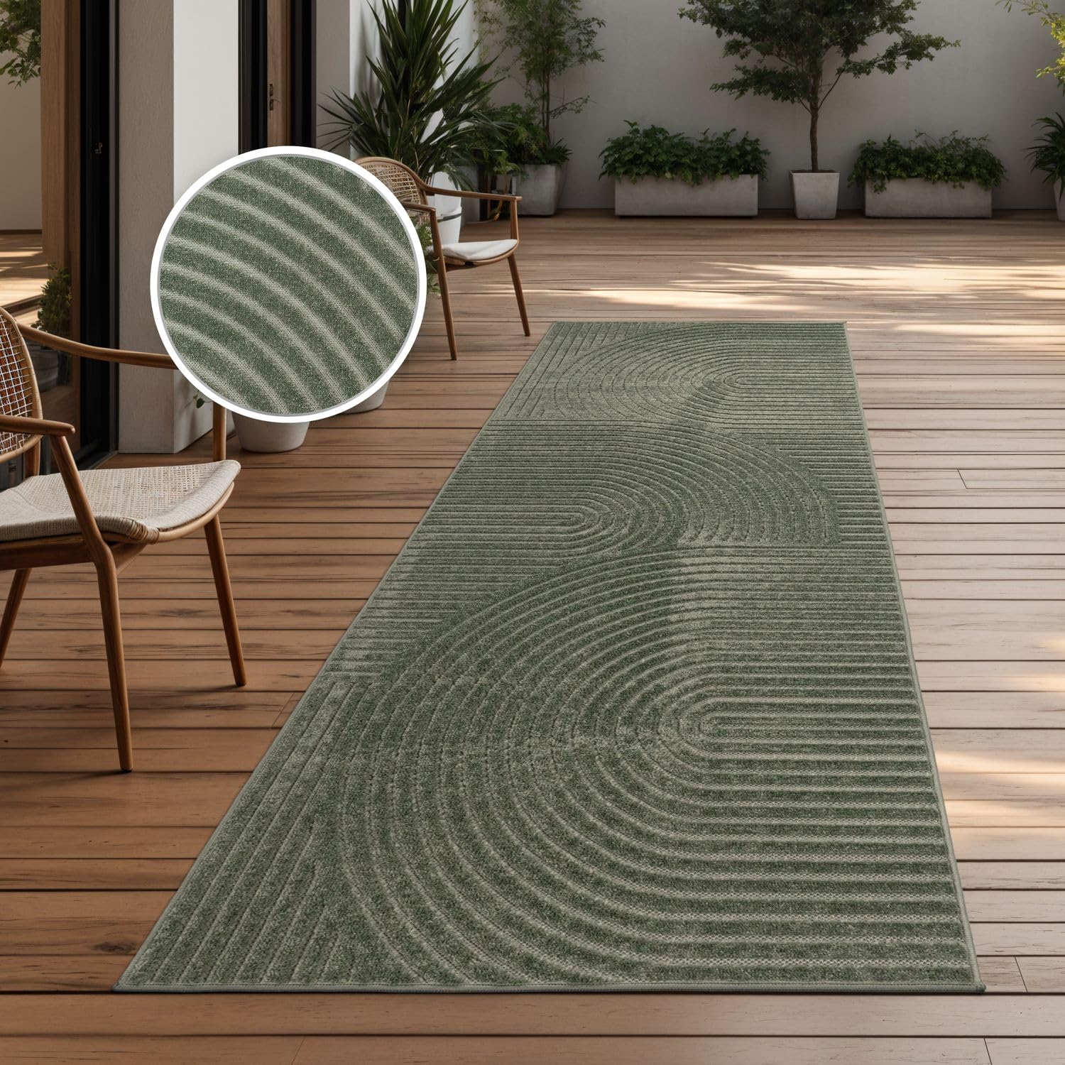 TT Home Outdoor Teppich Läufer 80x250 cm Grün, Wetterfest & Robust, Modernes Boho Skandi Design mit 3D-Optik, für Flur, Küche & Terrasse