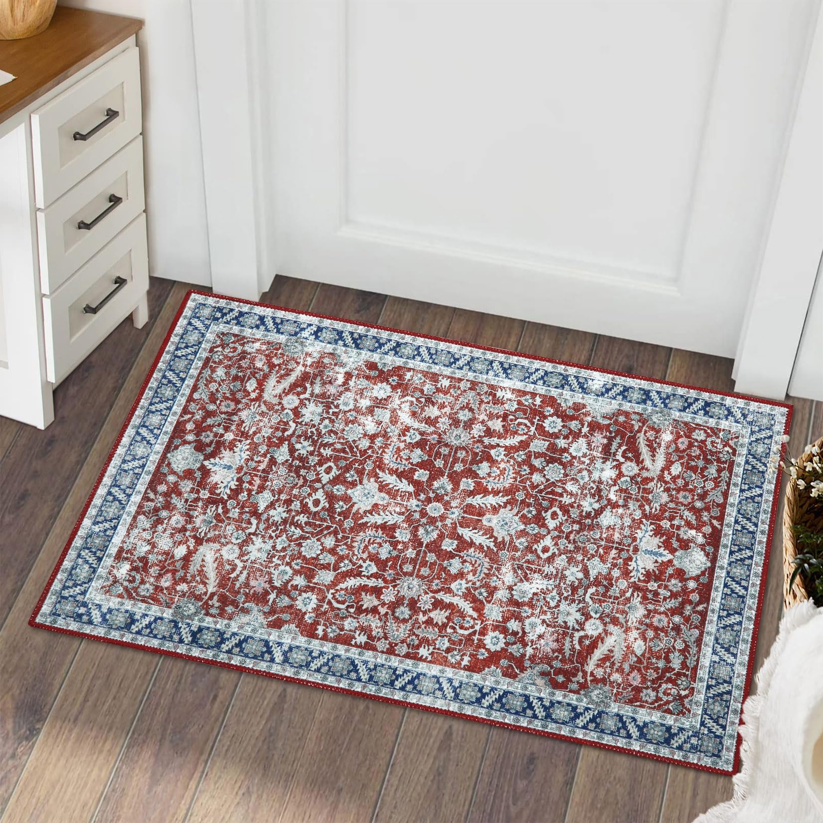 ROYHOME Area Rug Washable Small Entryway Rug Doormat Traditional Distressed Non-Slip Washable Accent Rug Retro Medallion Floor Carpet for Front Entrance Kitchen Bathroom, Brick Red, 2' x 3'