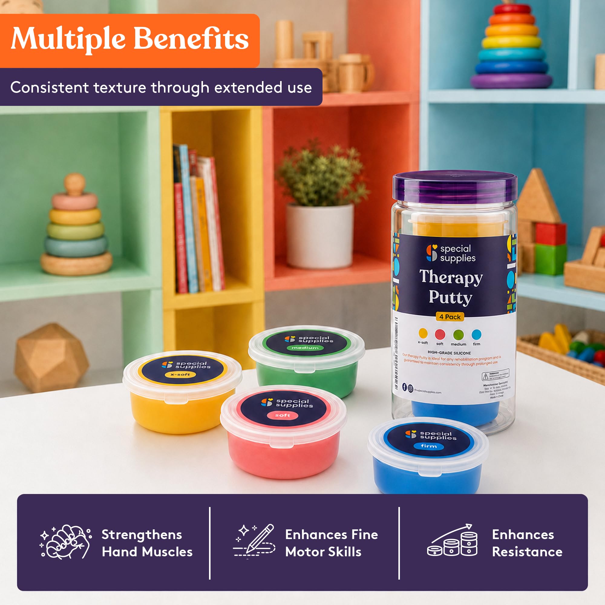 Special Supplies Therapy Putty for Kids and Adults - Resistive Hand Exercise Stress Relief Therapy Putty Kit, Set of 4 Strengths, Three Ounces of Each Putty — Amazon image 3