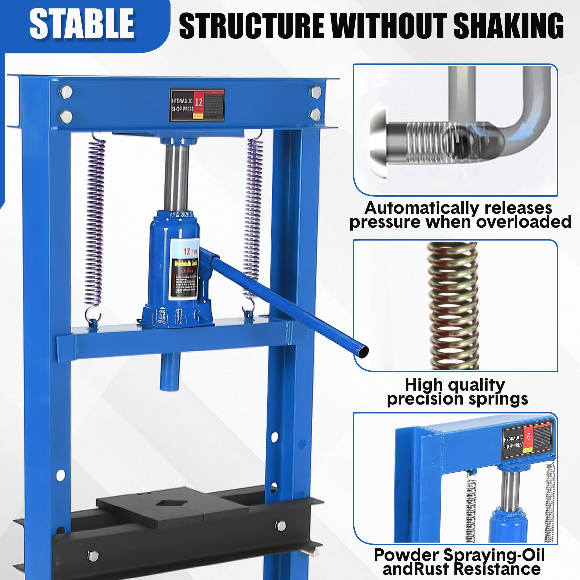 Presse hydraulique d’atelier 6T – Structure H robuste – Hauteur réglable – Pour garage, redressage, pliage, extraction de roulements et arbres – Plaques en acier incluses – Corps bleu, parcourir et
