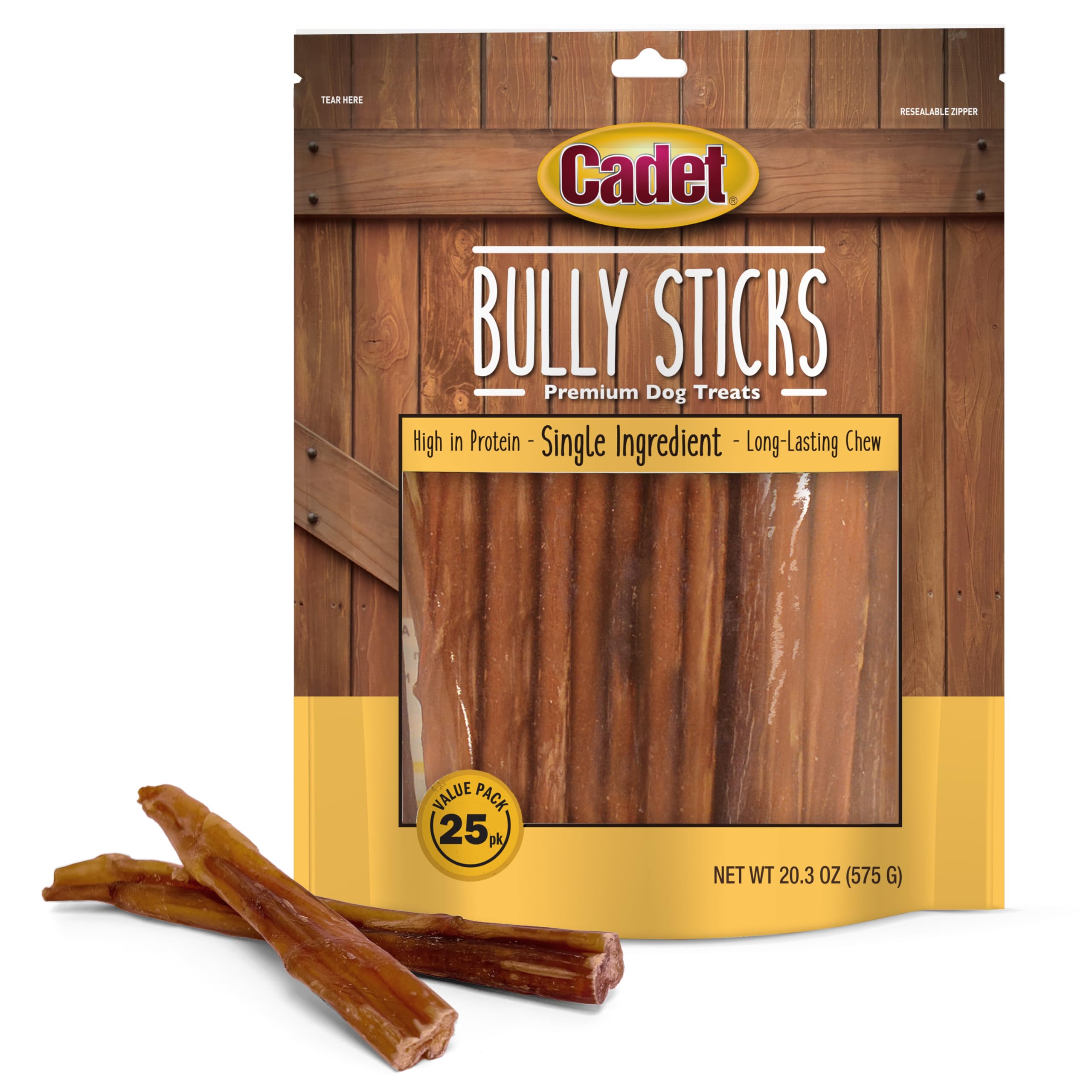 Cadet Bully Sticks for Small Dogs – All-Natural Beef Pizzle, High Protein, Low Fat, Long-Lasting, Grain & Rawhide-Free Dog Chews for Aggressive Chewers, Small (25 Count)