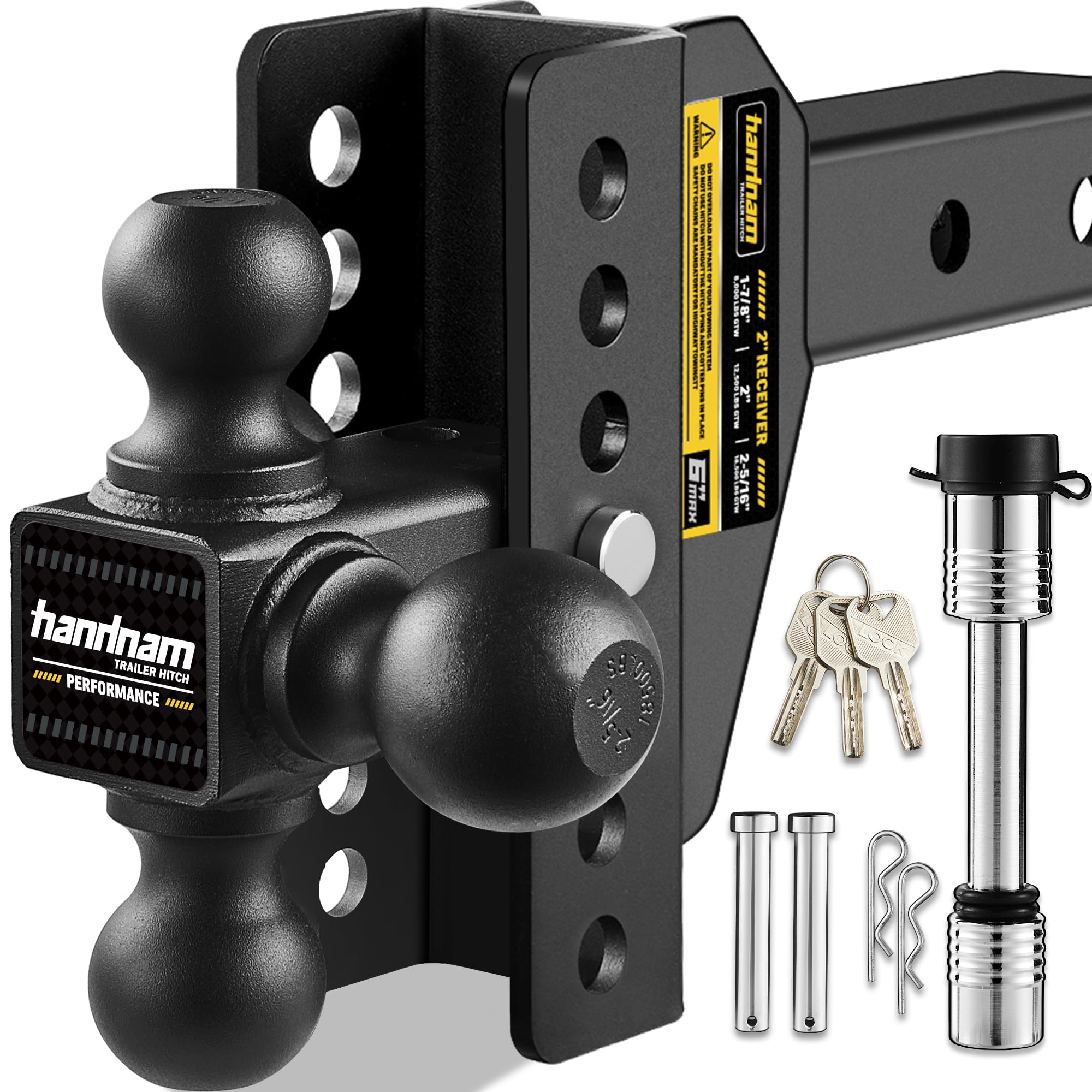 Drop Hitch Adjustable Trailer Hitch, Tow Hitch with 6-Inch Drop/Rise for Truck (12,500 LBS GTW), Adjustable Drop Hitch Fits 2-Inch Receiver, Trailer Hitches with Double Anti-Theft Pins Locks