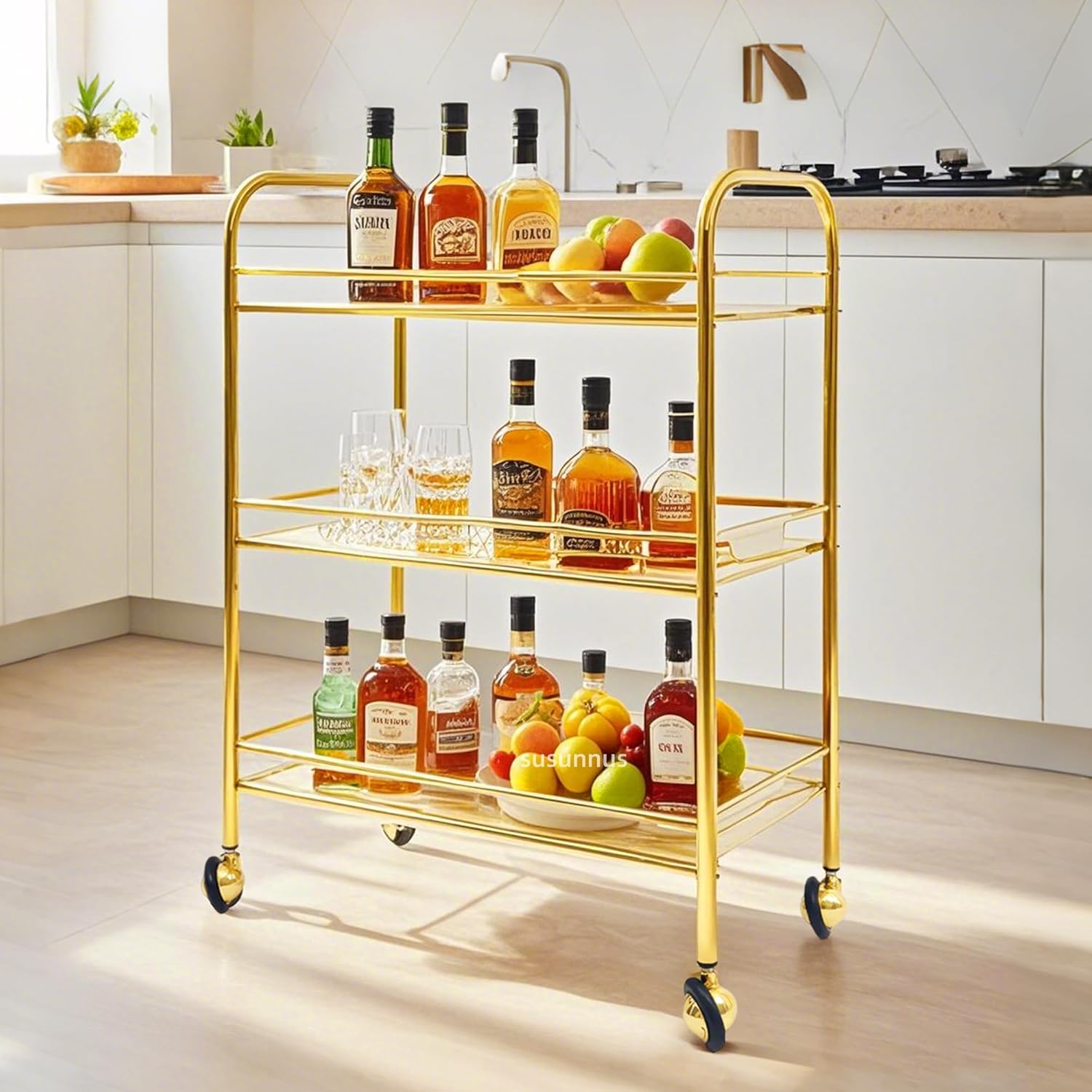 susunnus bar cart with wheels,stainless steel cart with wheels 3 tier,metal rolling cart,four-dimensional guardrail design,gold finish,movable,suitable for various occasions,dinner party,living room