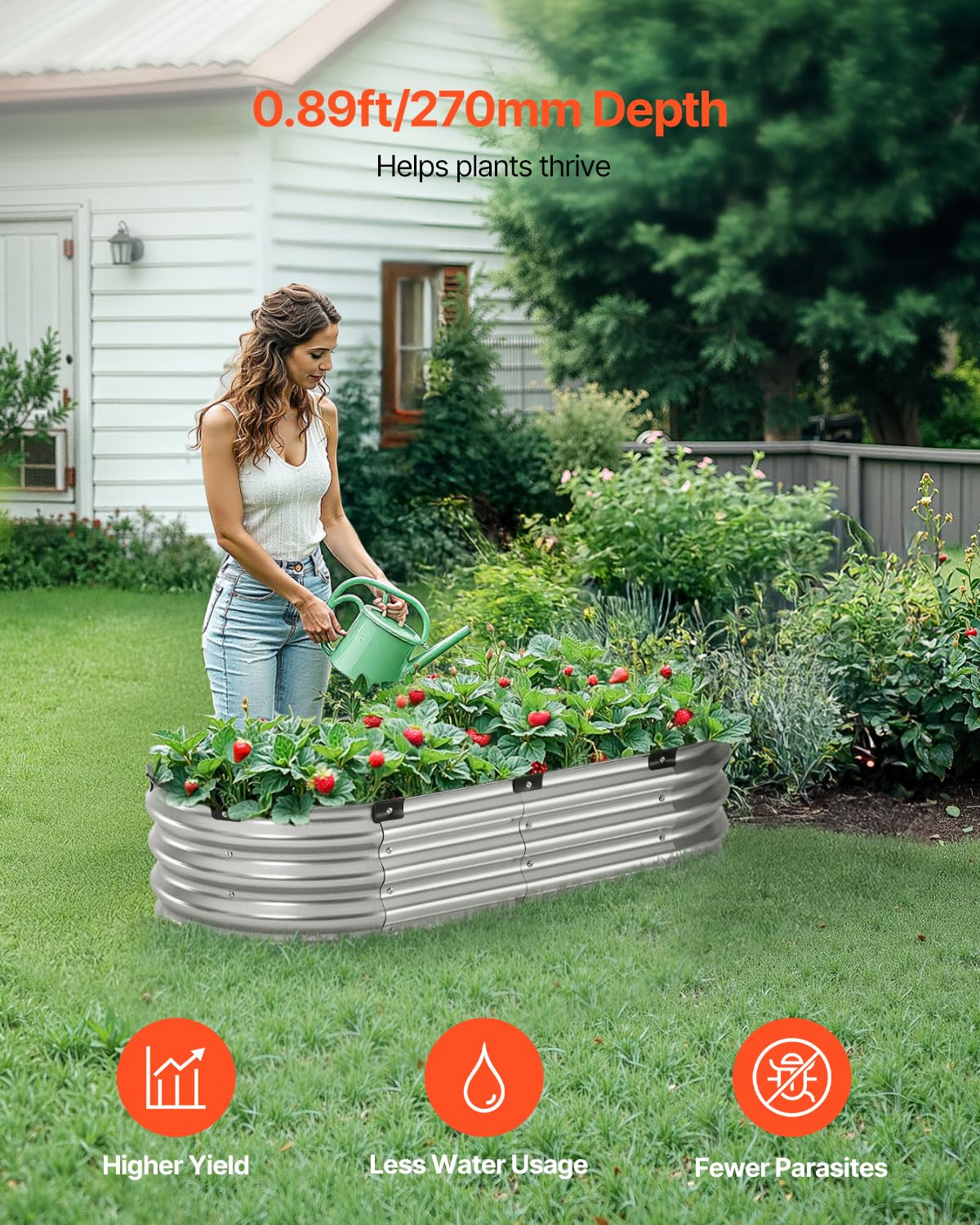VEVOR Cama de Jardín Elevada de Metal 1195 x 585 x 270 mm con Fondo Abierto para Exteriores, Jardinera Ovalada Galvanizada para Jardinería de Verduras, Flores, Hierbas y Plantas Suculentas, Plateado