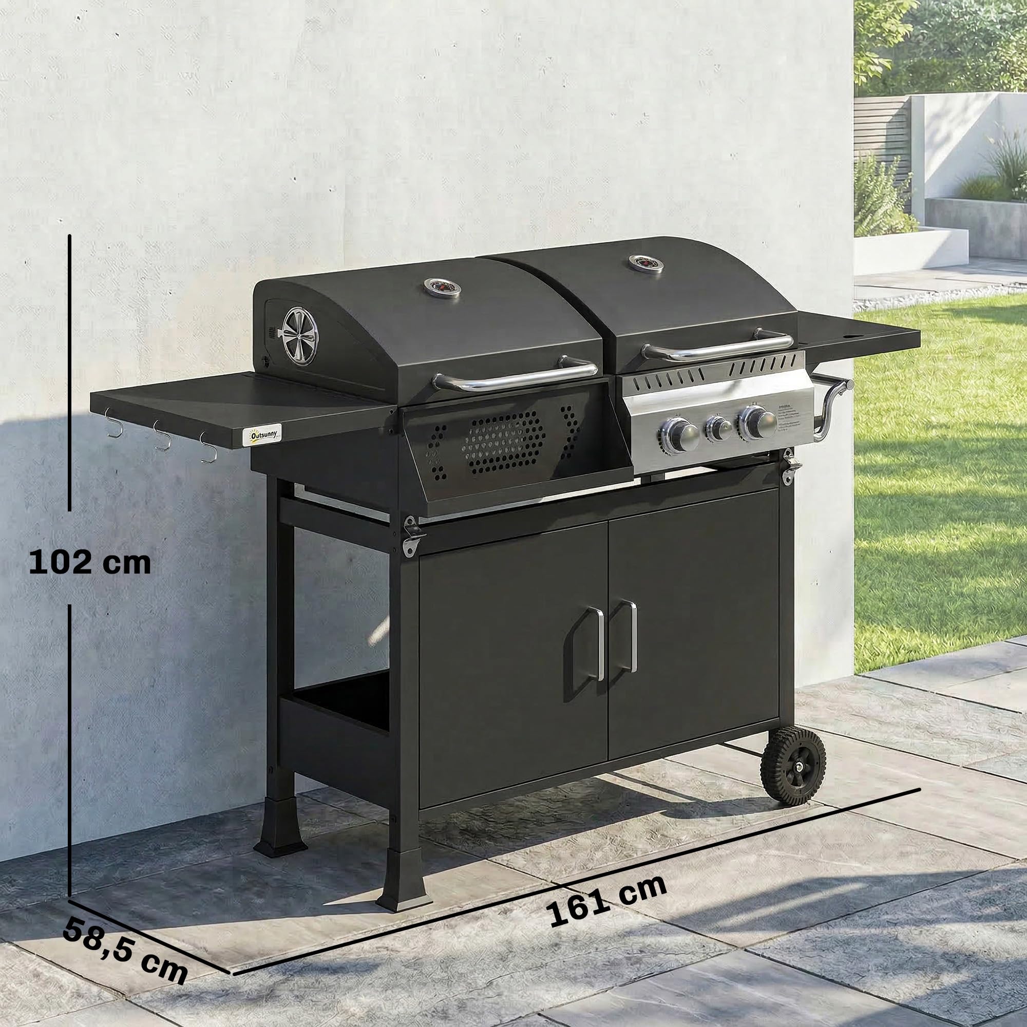 Outsunny Barbecue Hybride Gaz et Charbon de Bois - Barbecue Mixte 2 en 1 avec 3 Brûleurs et Feu Latéral - avec Thermomètre, Cabinet de Rangement et Décapsuleur, Noir