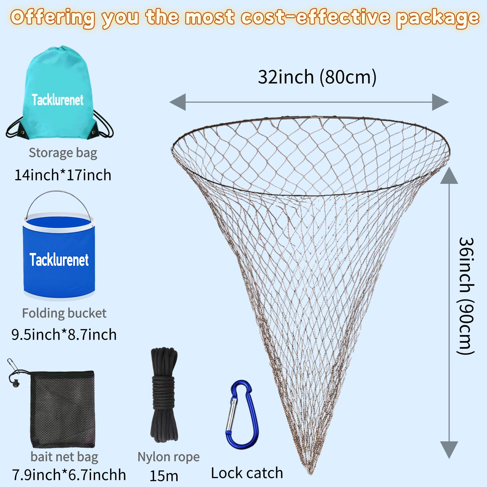 Foldable Pier Fishing Net Bridge, Drop Net for Pier Fishing Designed for Big Fish with Dual-Line Reinforced Fiber Net Bold Soft Steel Hoops Folding Bucket Storage Bag Nylon Rope Bait Bag