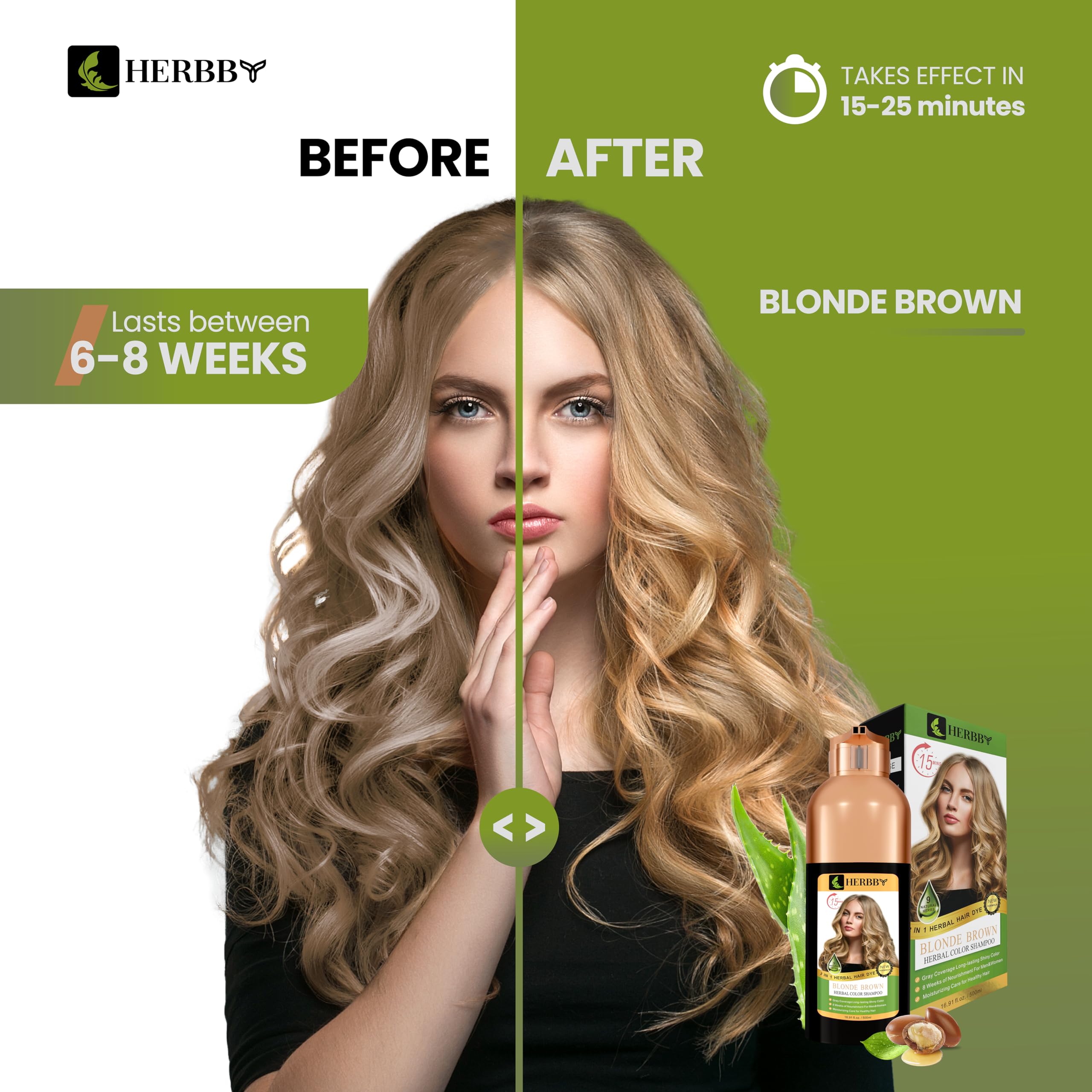 HERBBY Champ Hair Dye szampon do włosów siwych z 9 ekstraktami ziołowymi, długa żywotność (6-8 tygodni), jasny, jednolity kolor, natychmiastowy kolor