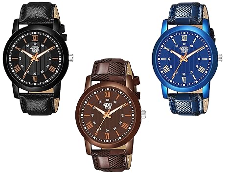Swadesi Stuff Leather Strap Pack of 3 Multi-Color Dial Analogue Watch for Men and Boys