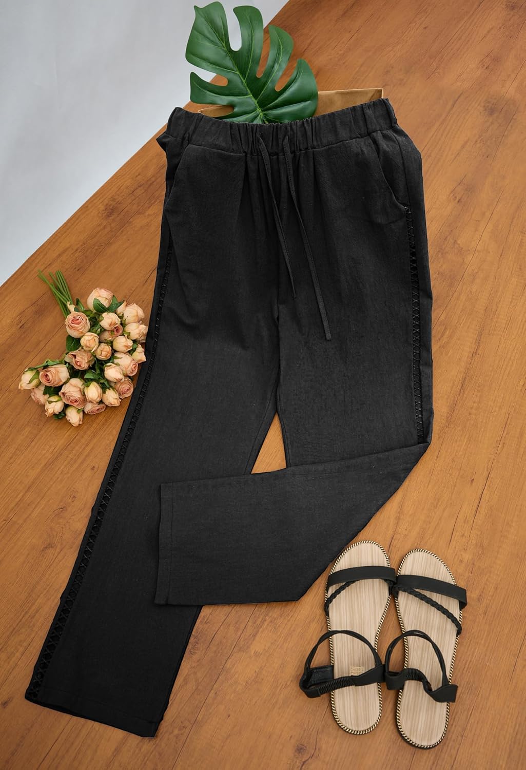 Womens Casual Pants Summer Fall Straight Legs Drawstring Waisted Pant Comfy Lightweight Solid Color Trousers Pocket - Image 3