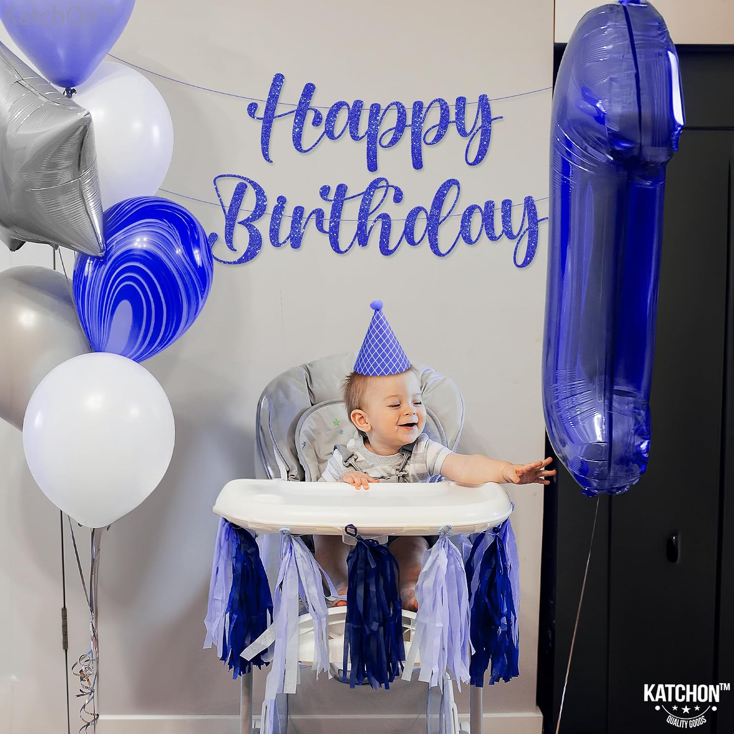 KatchOn Glitter Blue Happy Birthday Banner - Pre-Strung, 10 Feet | Blue Birthday Sign for Backdrop Decorations