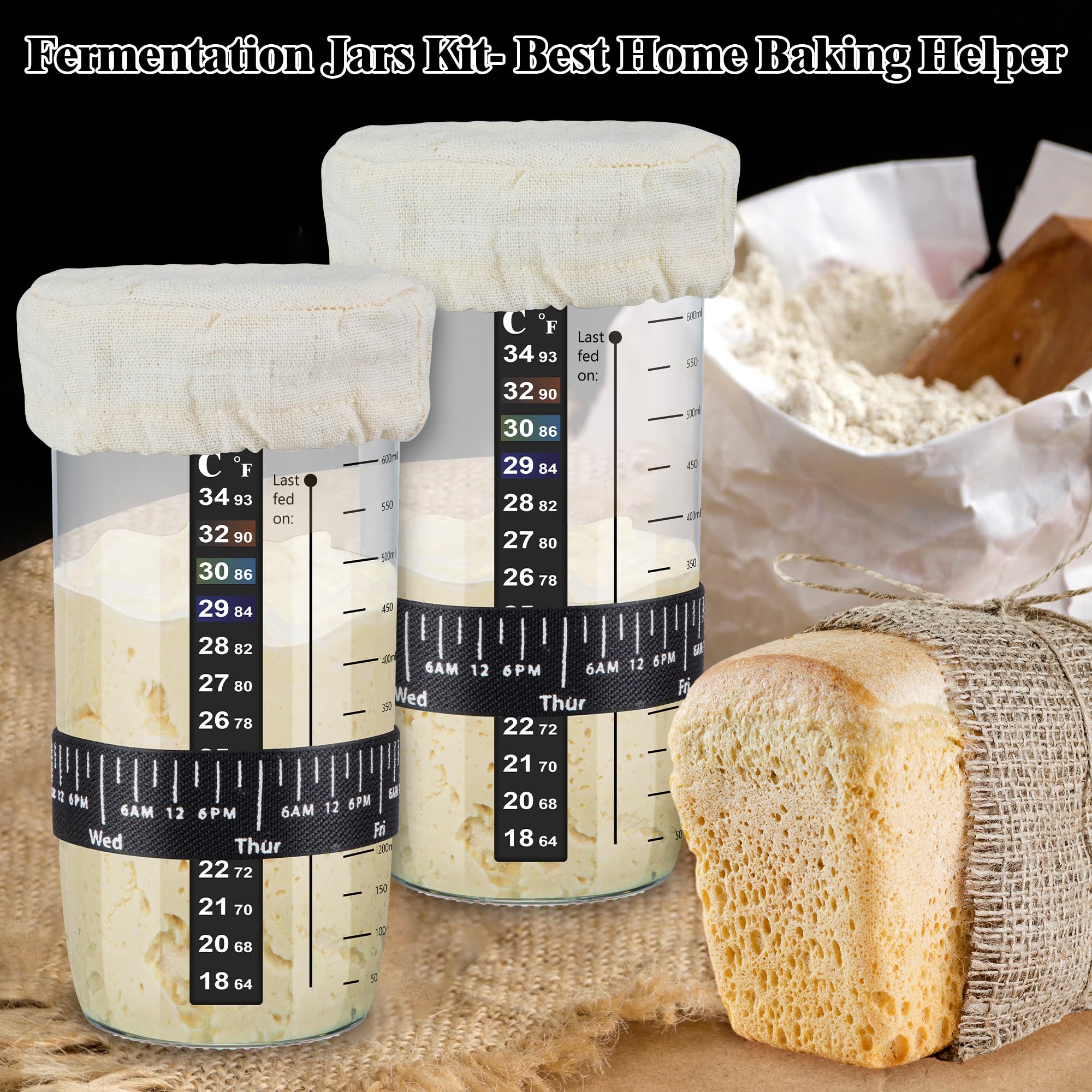 Enhon 2 Pack Sourdough Starter Jars, Wide Mouth Sour Dough Bread Dough Starter Jar, 24 oz Sourdough Container with Thermometer, Feeding Band and Scraper, Reusable Fermentation Jar for Bread Baking