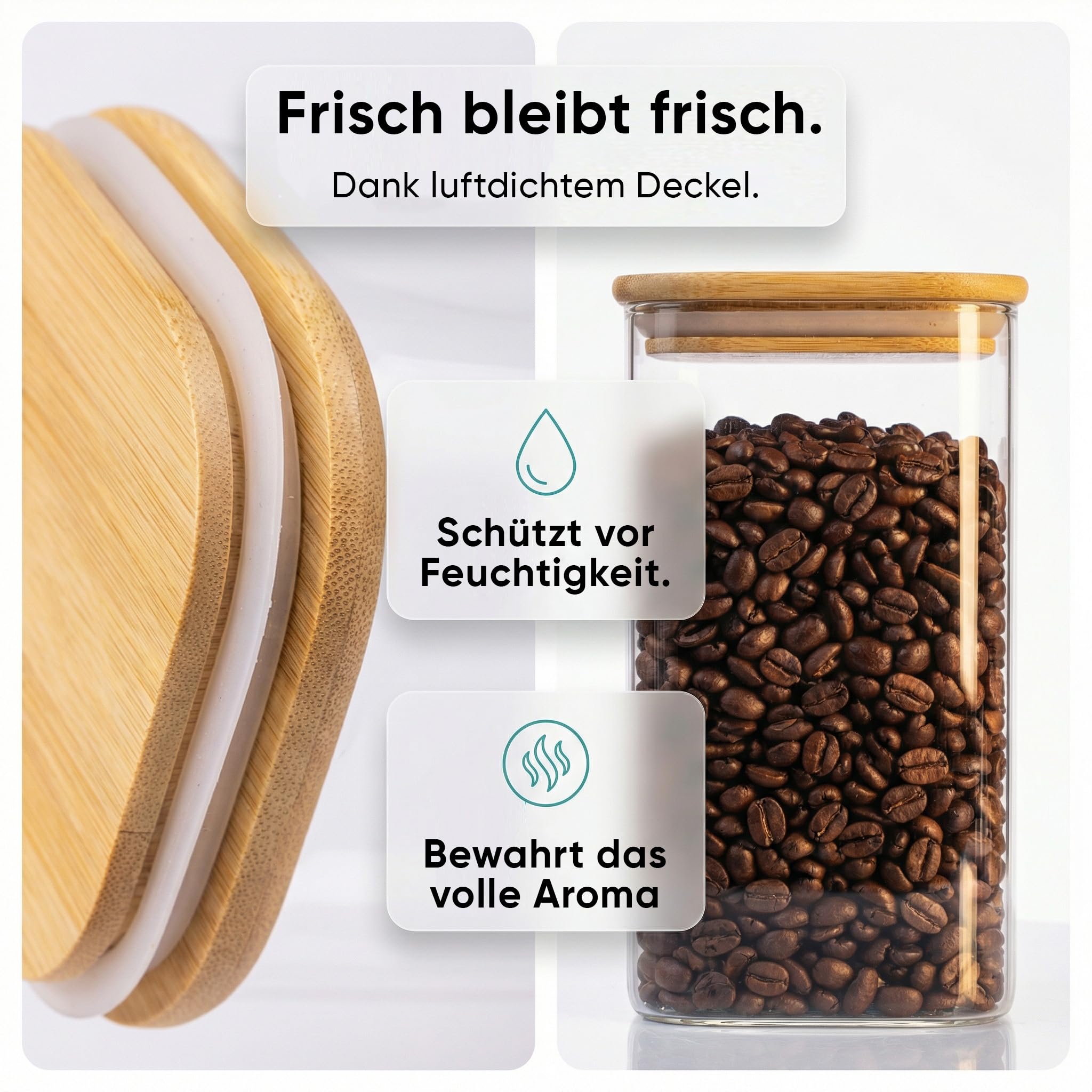 Deco haus® Vorratsgläser mit Deckel eckig 6er Set [+ETIKETTEN] - Vorratsdosen Glas mit Deckel luftdicht - Vorratsglas mit Holzdeckel - Müsli Aufbewahrungsgläser - Glasbehälter Vorratsbehälter