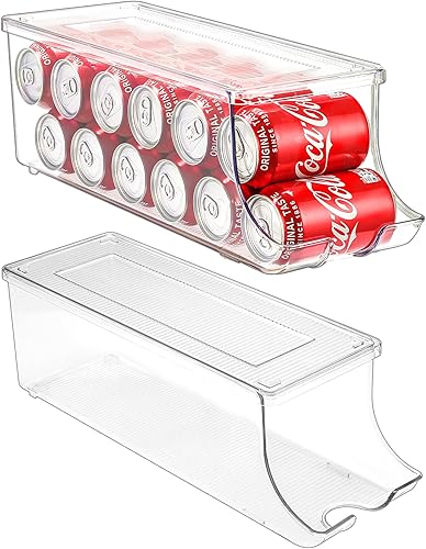 Puricon 2 Pack Soda Can Organizer Dispenser for Refrigerator Clear Plastic Canned Food Pop Beverage Container Holder Storage Bin with Lid for