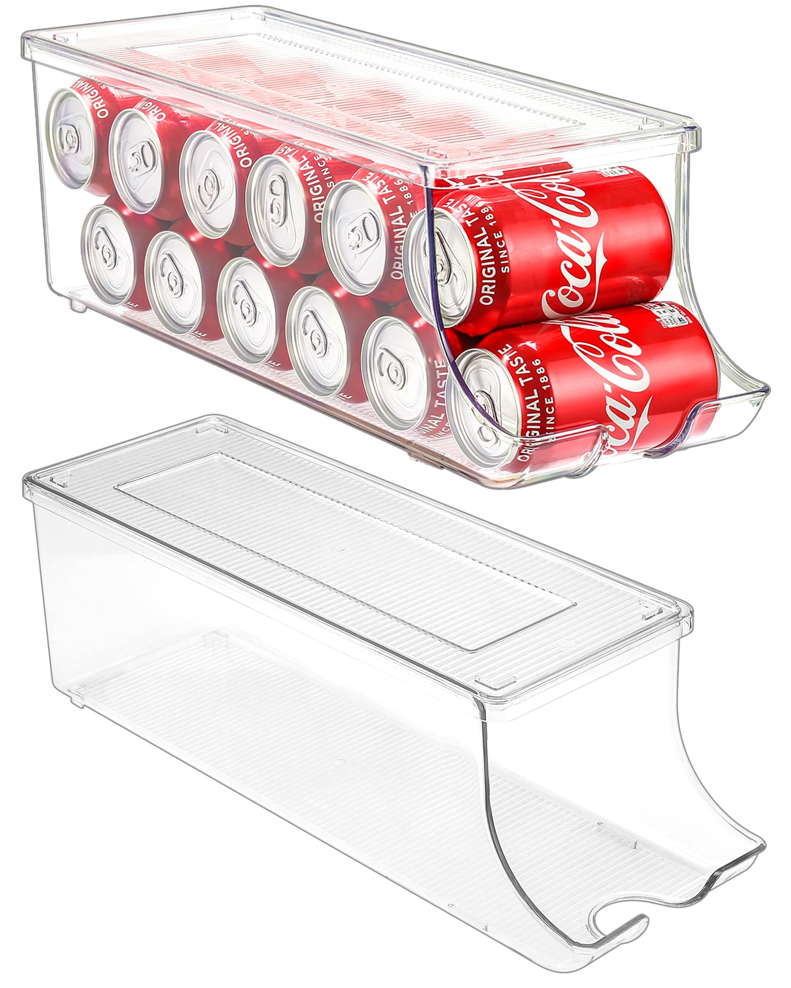Puricon 2 Pack Soda Can Organizer Dispenser for Refrigerator, Clear Plastic Canned Food Pop Beverage Container Holder Storage Bin with Lid for Freezer Rack Pantry Cabinet Cupboard Kitchen -Standard