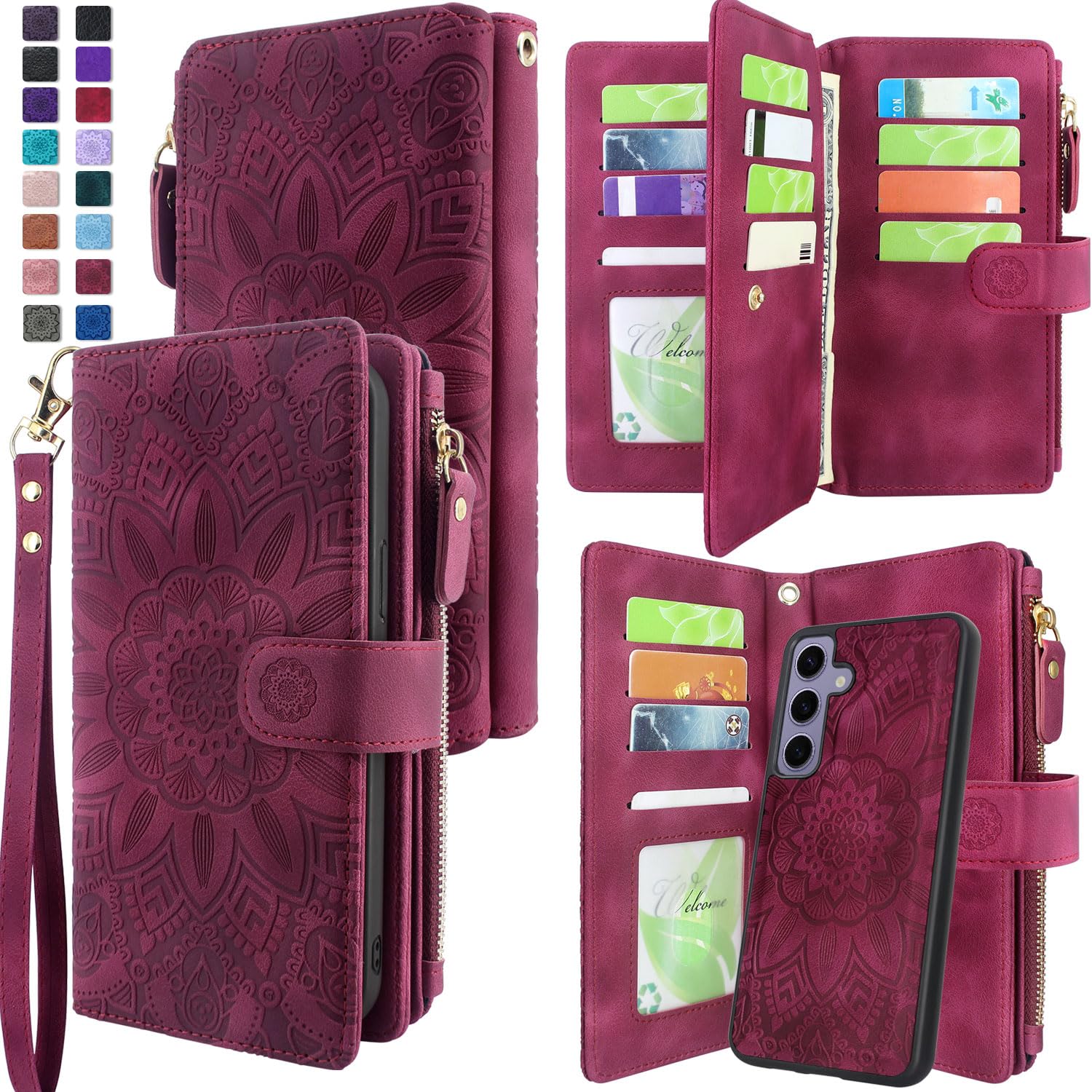 Harryshell Detachable Magnetic Zipper Wallet Leather Case with Cash Coin Pocket 12 Card Slots Holder Wrist Strap Lanyard for Samsung Galaxy S24 5G 6.2 inch (2024) (Flower Wine Red)