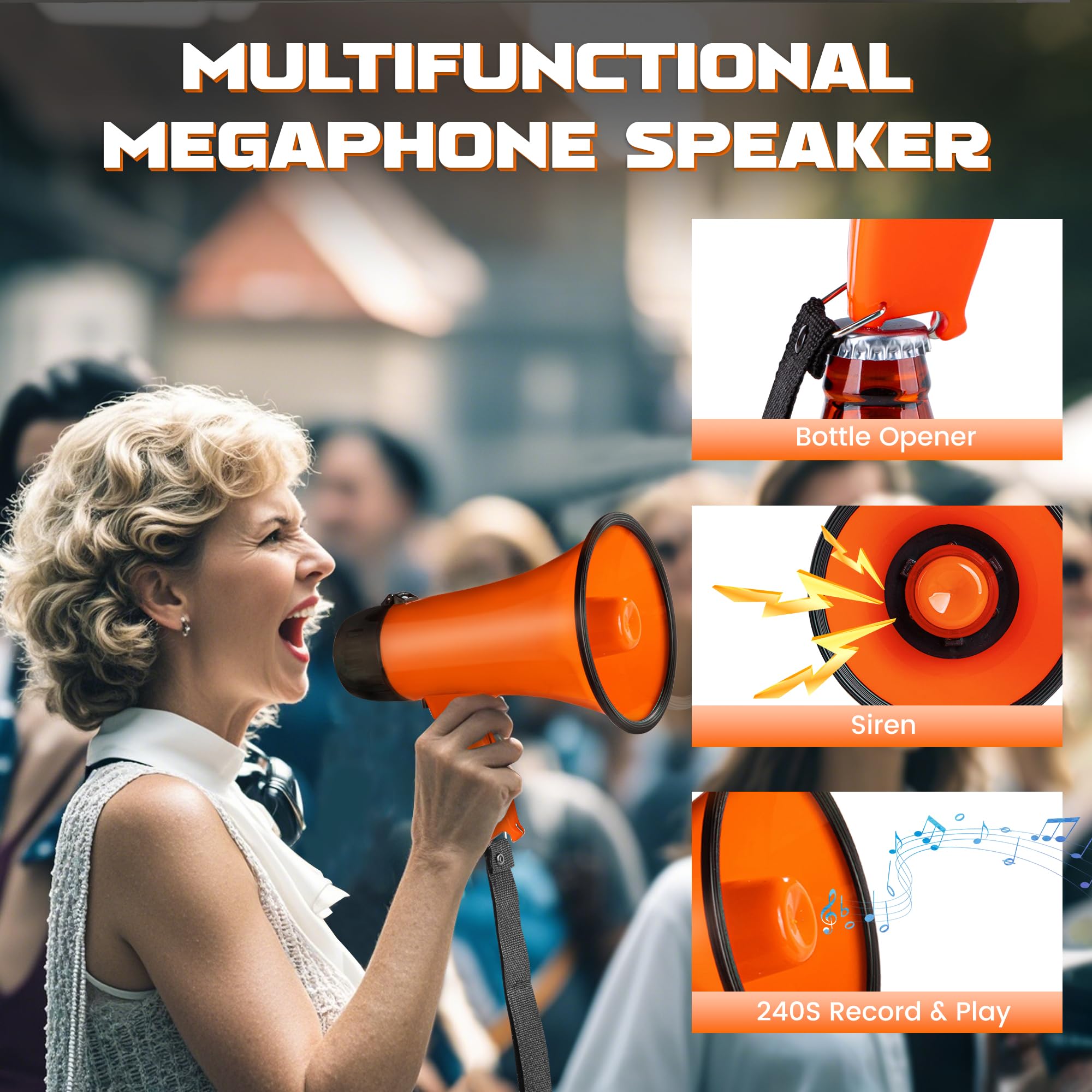 Megáfono portátil 20 W MyMealivos con Altavoz, Sirena, Alarma, Control de Volumen y Correa