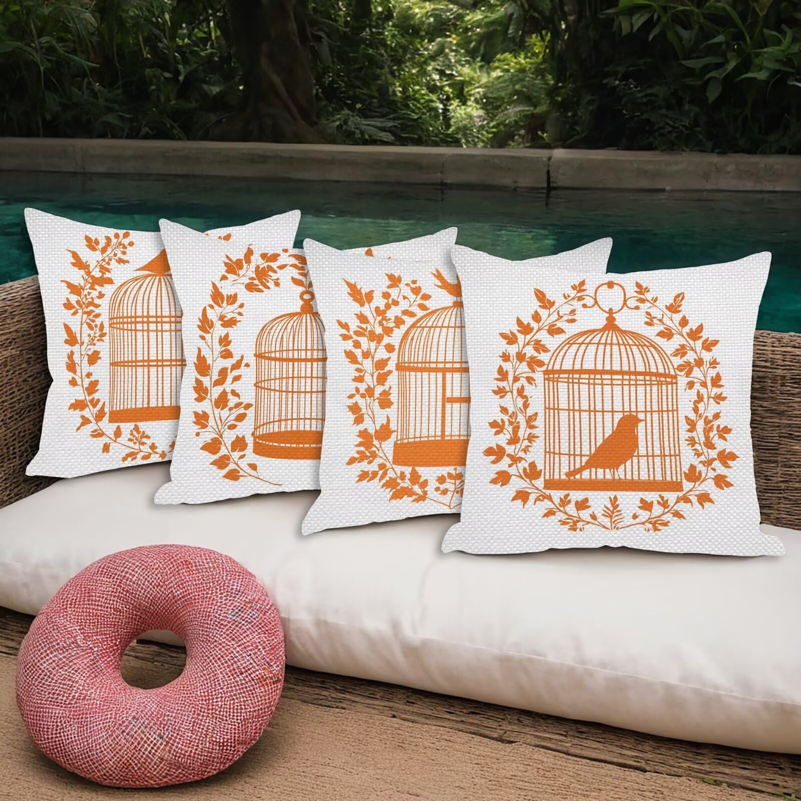 Juego de 4 Funda de Cojín Exterior Impermeable, 55x55 cm Fundas Cojínes Naranja de Lino, Exterior Impermeable Lino Cojín Pájaro Decorativo, Fundas de Almohada para Patio Balcón Jardín Sofá Silla U-37