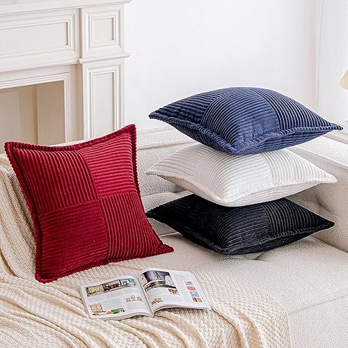 Miniatura 4 de EMEMA Juego de 2 fundas de cojín blancas navideñas de 20 x 20 pulgadas de pana decorativas bohemias a rayas con textura empalmada para decoración