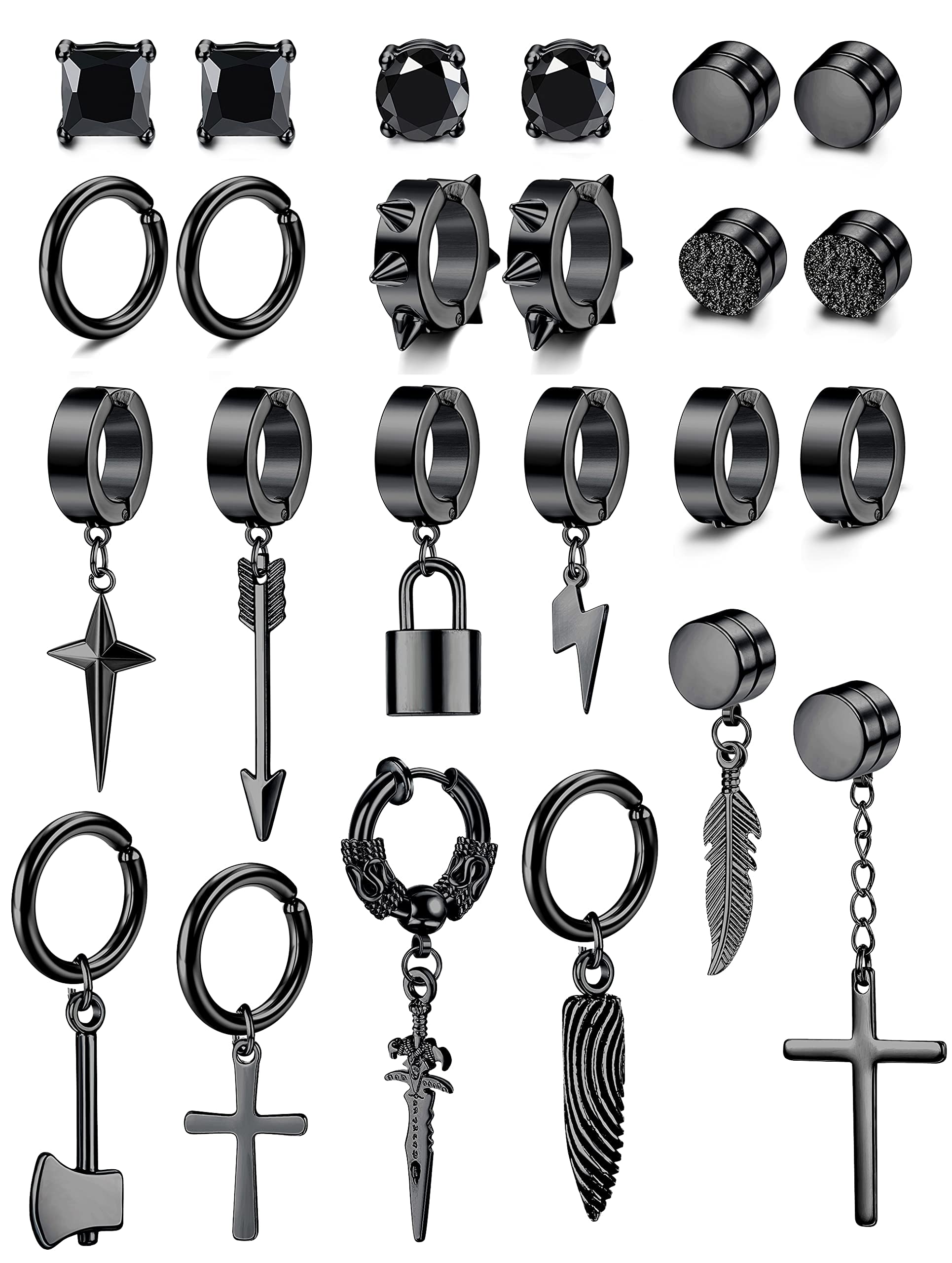 Diamday 24 pcs acero inoxidable pendientes falsos Clip en Pendientes para los hombres de la cadena de Cruz Pendientes colgantes sin perforar Huggie Pendientes de aro Negro para Hombres Mujeres