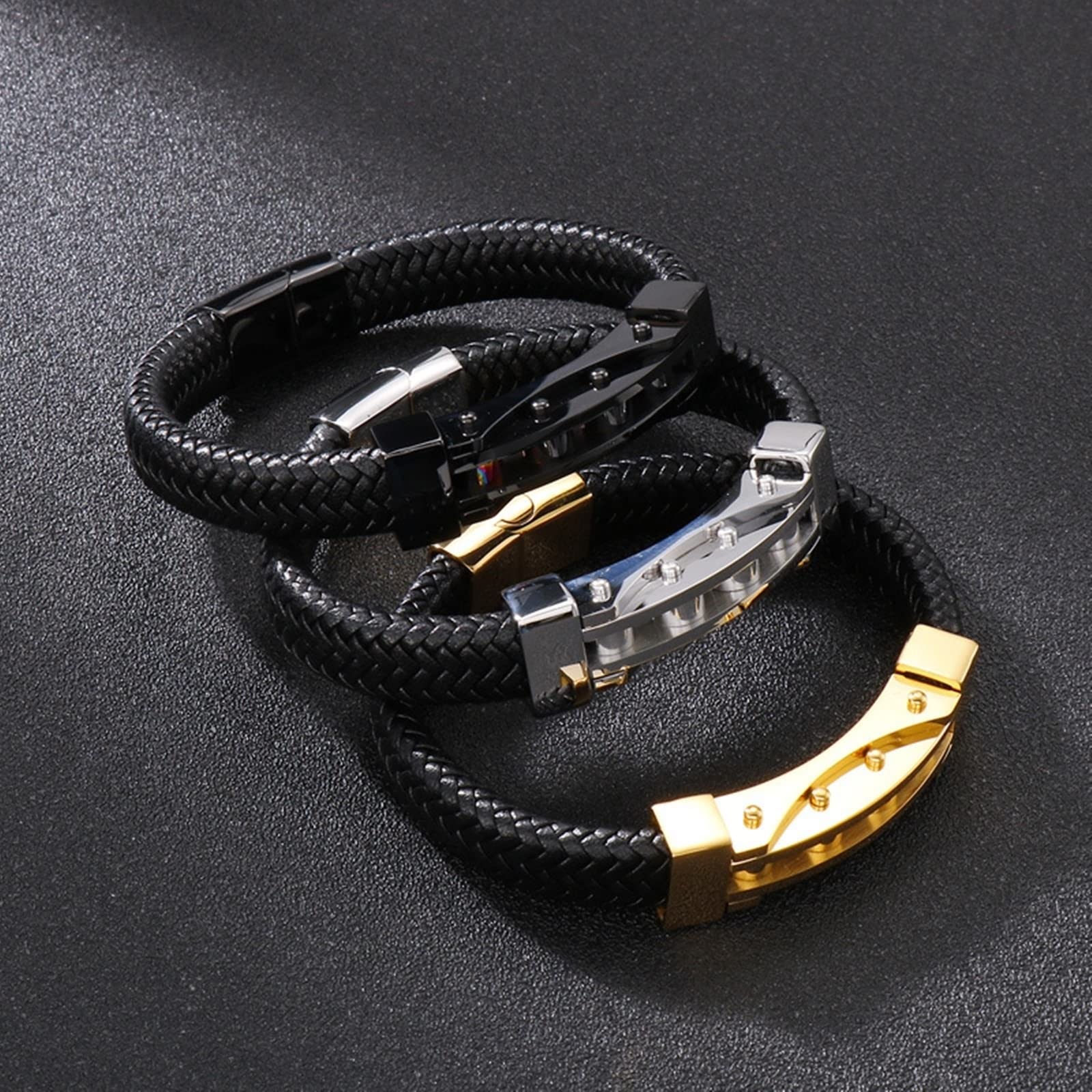 Bracelet Cuir Large Homme, Bracelet St Valentin Acier Inoxydable Cuir Tressage de Panier Chaîne de Moto Simple Engagement Cadeau Bijoux Homme