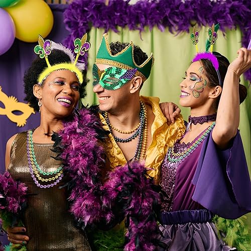 Miniatura 5 de Whaline Juego de accesorios de Mardi Gras de 15 piezas con diadema de plumas de lentejuelas, máscaras moradas, verdes y doradas, collares de cuentas
