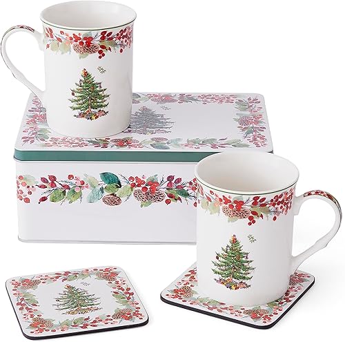 Spode Juego de tazas y latas de árbol de Navidad de 5 piezas, tazas de porcelana y posavasos de corcho, ideal para bebidas calientes, regalo de