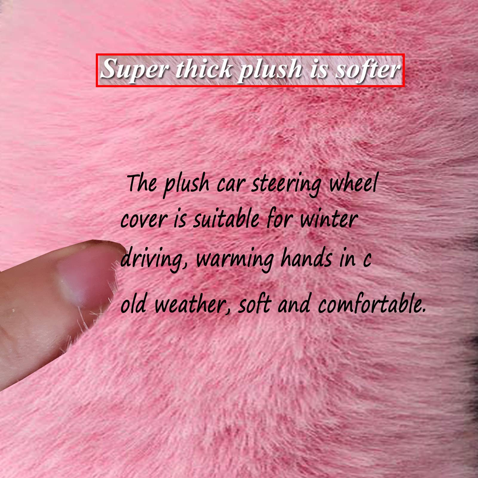 STEVE YIWU Fluffy Steering Wheel Cover for Women/Girls/Ladies Fuzzy Steering Wheel Cover Winter Warm Faux Wool Plush Car Wheel Cover Furry Steering Wheel Protector Universal Fit 15 Inch (Pink)