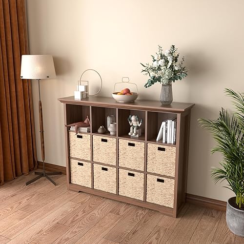 Miniatura 7 de Estantería de madera con base de 3 niveles, armario de almacenamiento bajo para el hogar y la oficina, estantería de celosía de 12 cubos, nogal