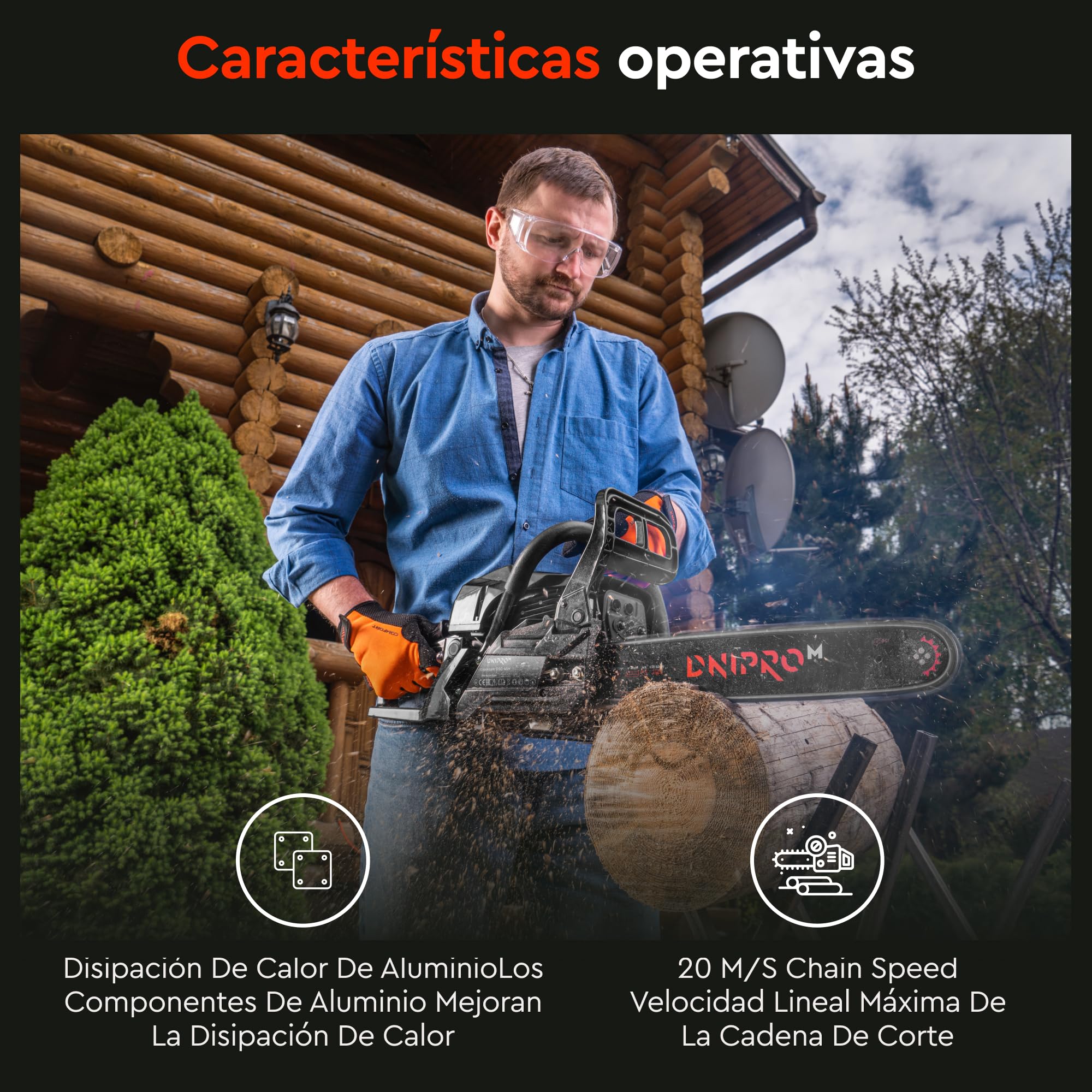 Motosierra de Gasolina, 45 cc, 1,8 kW (2,4 HP), Espada 40 cm (16"), Motor 2 Tiempos, Easy Start, Antivibración, Lubricación Automática y Freno de Cadena - DSG-45HE
