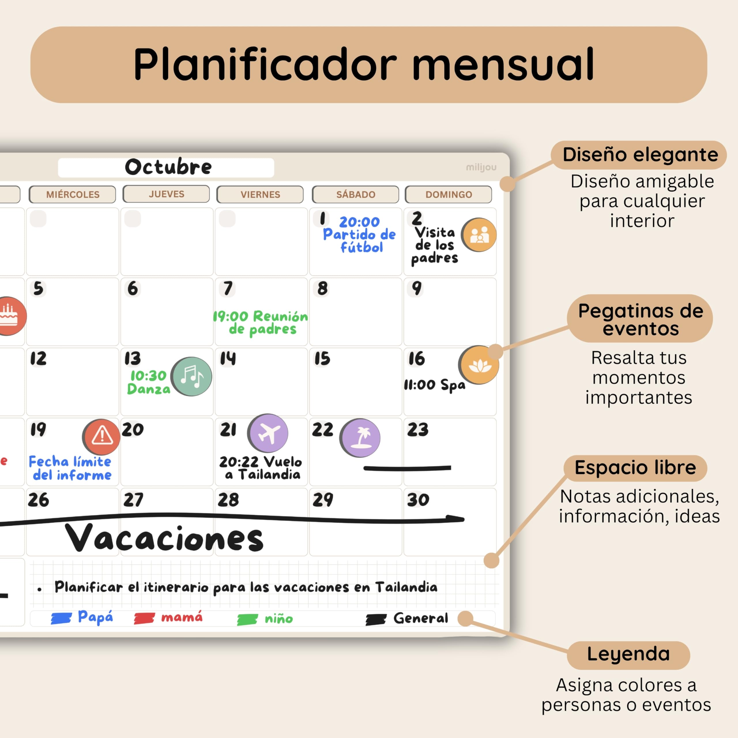 Calendario Magnético para Nevera A3 – Planificador Mensual y Semanal Borrable – 42 Pegatinas de Eventos, 4 Rotuladores, 1 Borrador – Pizarra Blanca Magnética – Rastreador de Bienestar